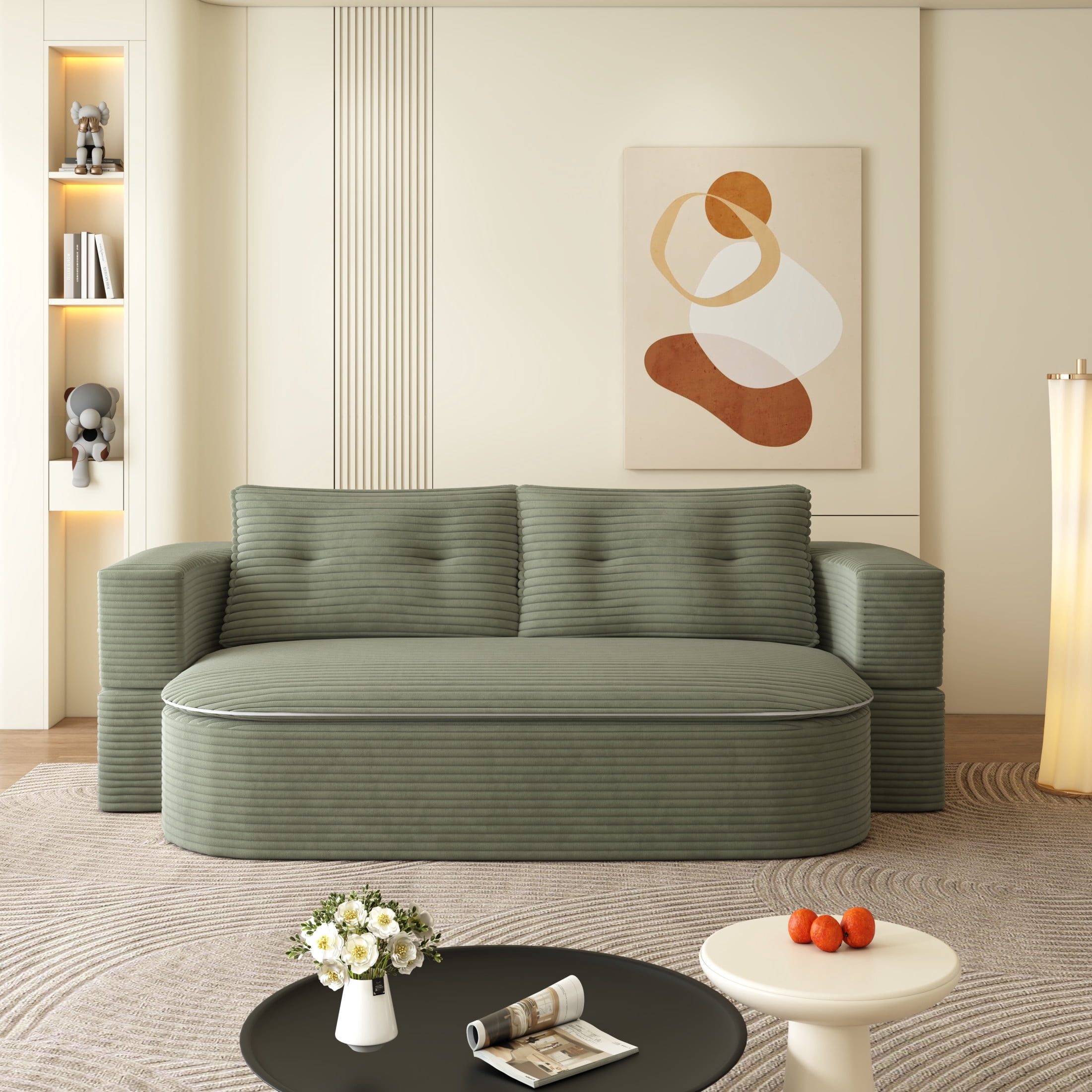 Noble House 79" Corduroy Convertible Floor Sofa Bed with Built-in Functional Blanket, Soft Pillows Sofa Couch, Coffee