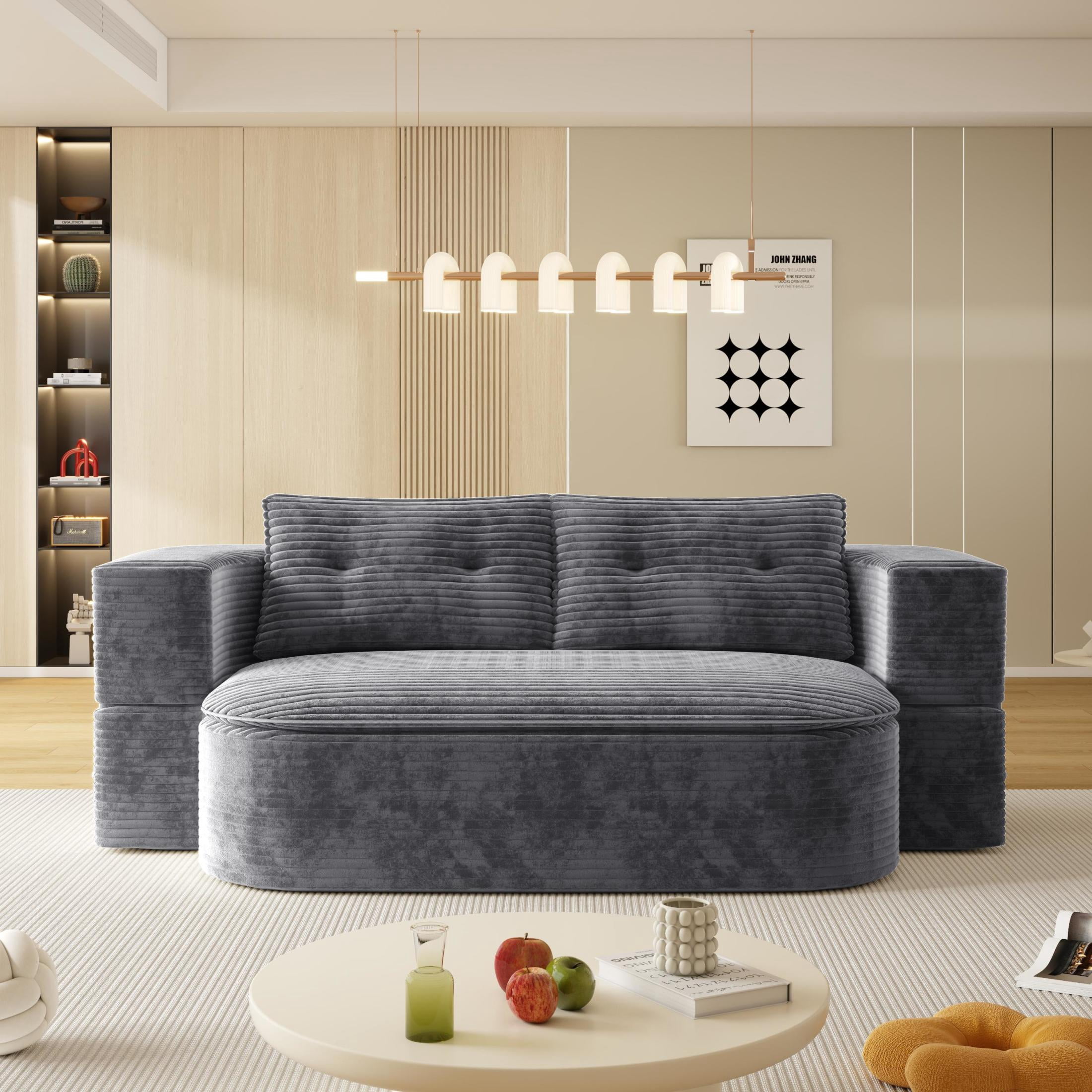 Noble House 79" Corduroy Convertible Floor Sofa Bed with Built-in Functional Blanket, Soft Pillows Sofa Couch, Dark Gray