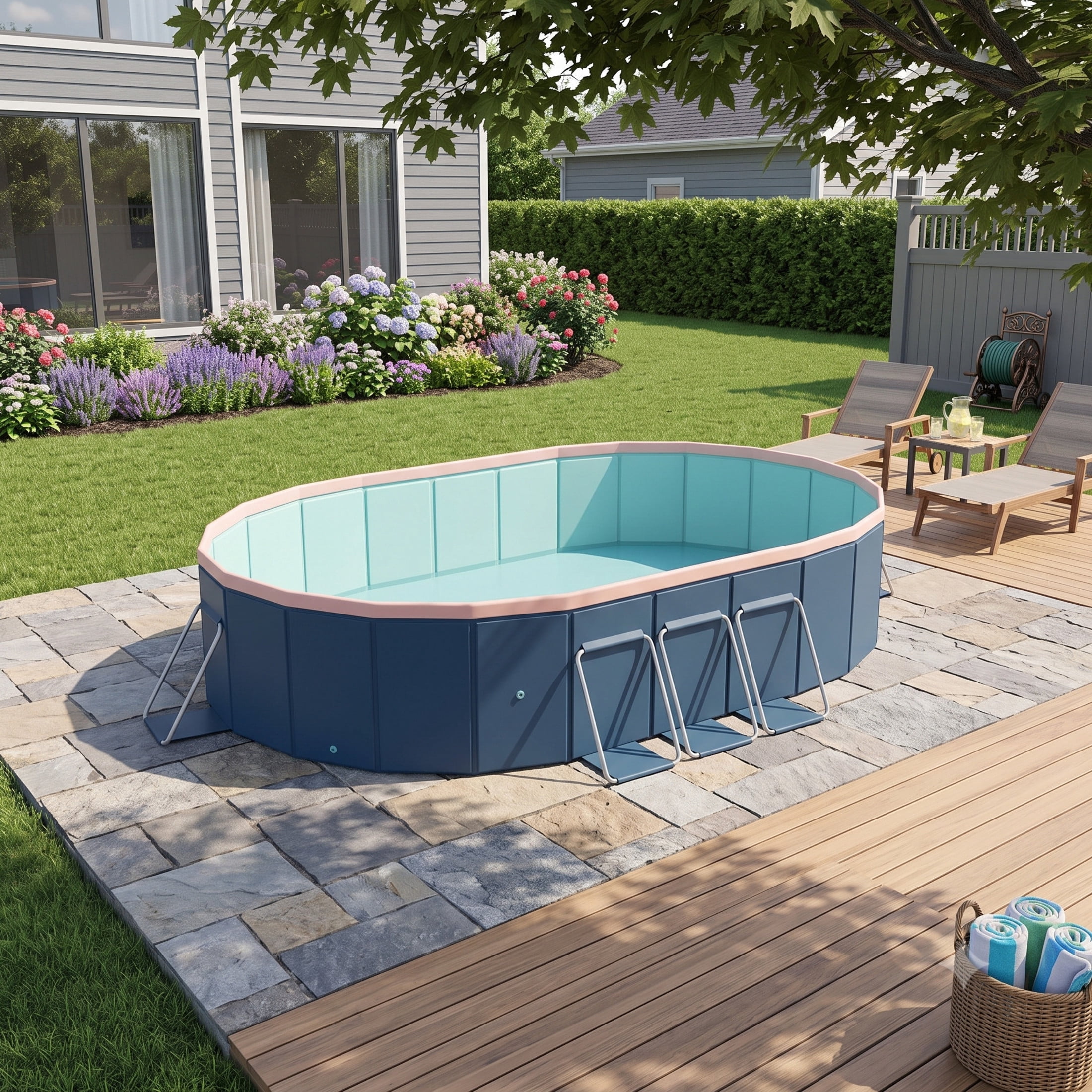 Noble House 8.8FT PVC Folding Pool, Non-Inflatable Portable Outdoor Swimming and Wading Pool, Blue Gray