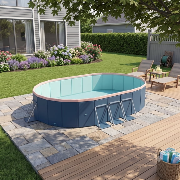 Noble House 8.8FT PVC Folding Pool, Non-Inflatable Portable Outdoor Swimming and Wading Pool, Blue Gray