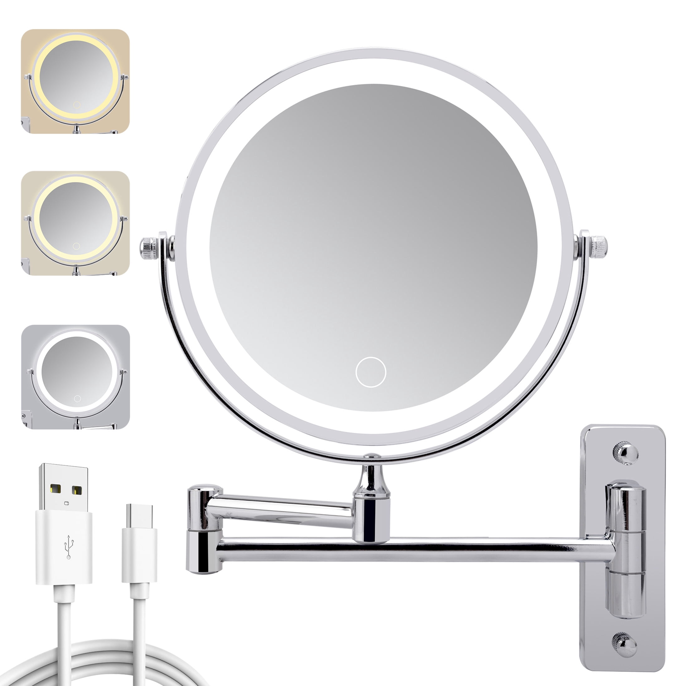 Noble House 8.9" Rechargeable Wall Mounted LED Makeup Mirror, Brushed Double-Sided Rotation Vanity Mirror, Chrome