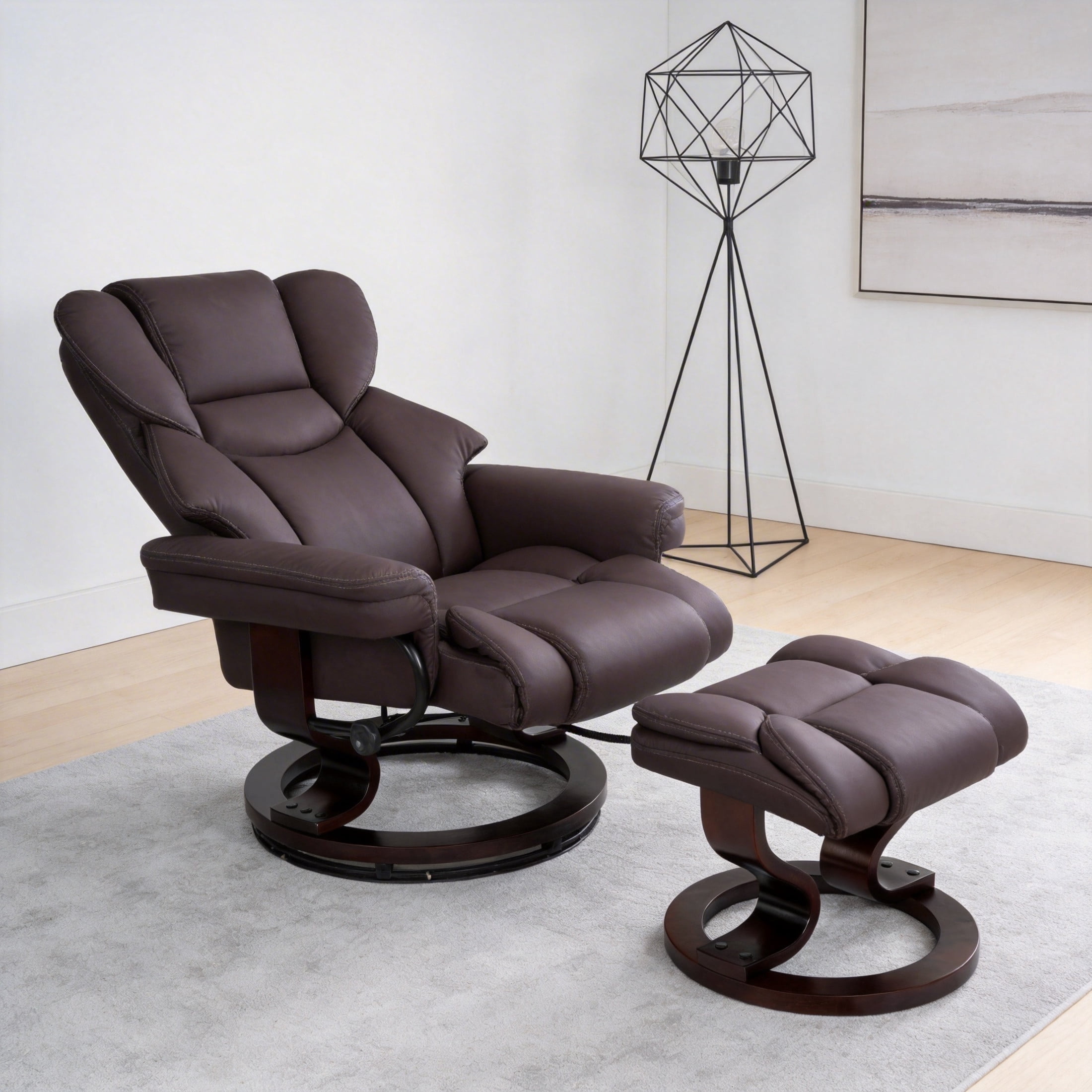 Noble House 8-Point Heated Massage Recliner with Ottoman, Durable Faux Leather Lounge Chair with Bent Wood Base, Brown