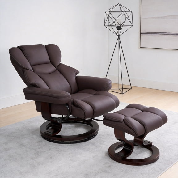 Noble House 8-Point Heated Massage Recliner with Ottoman, Durable Faux Leather Lounge Chair with Bent Wood Base, Brown