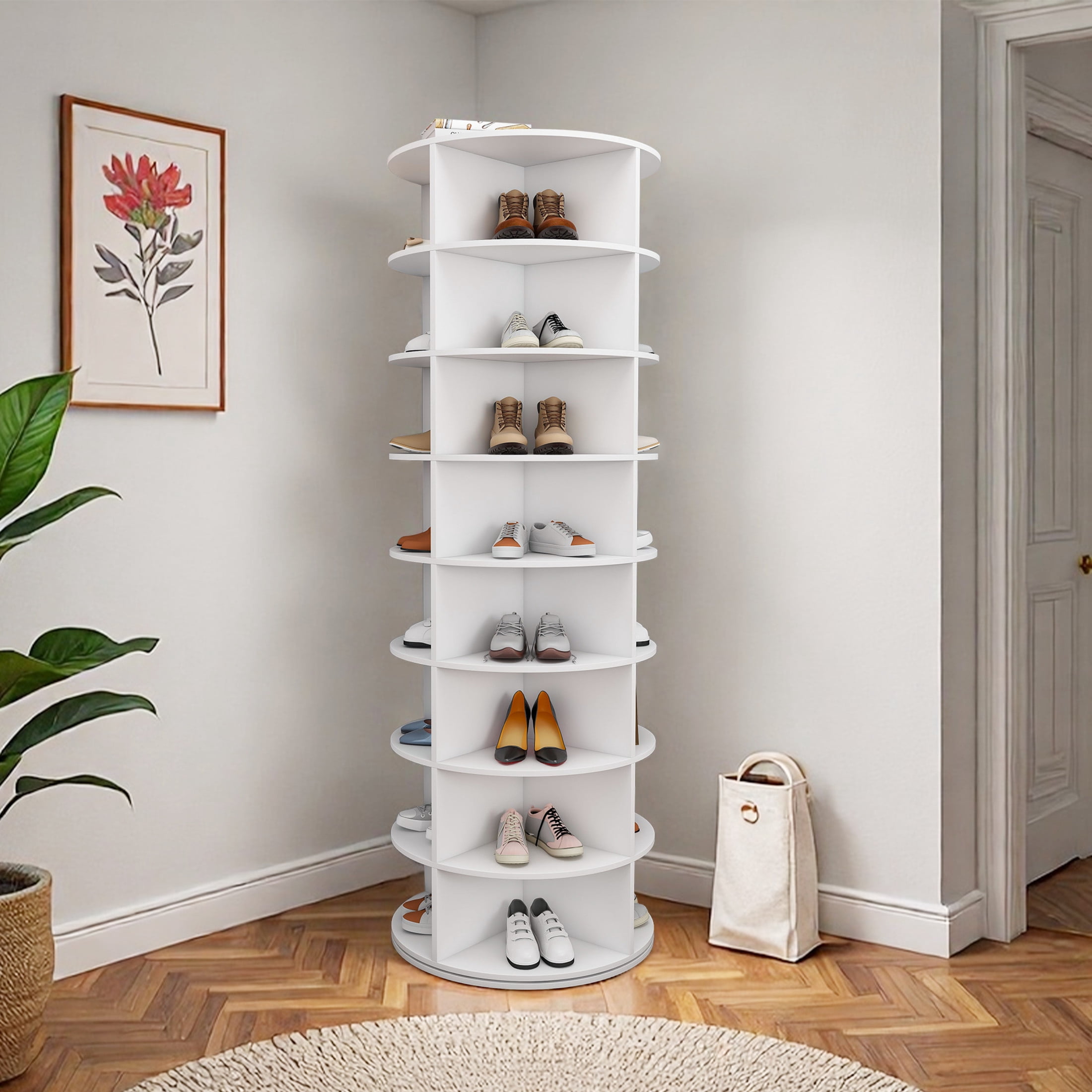 Noble House 8-Tier Rotating Shoe Rack Tower, 360° Freestanding Shoe Organizer for 32 Pairs, White
