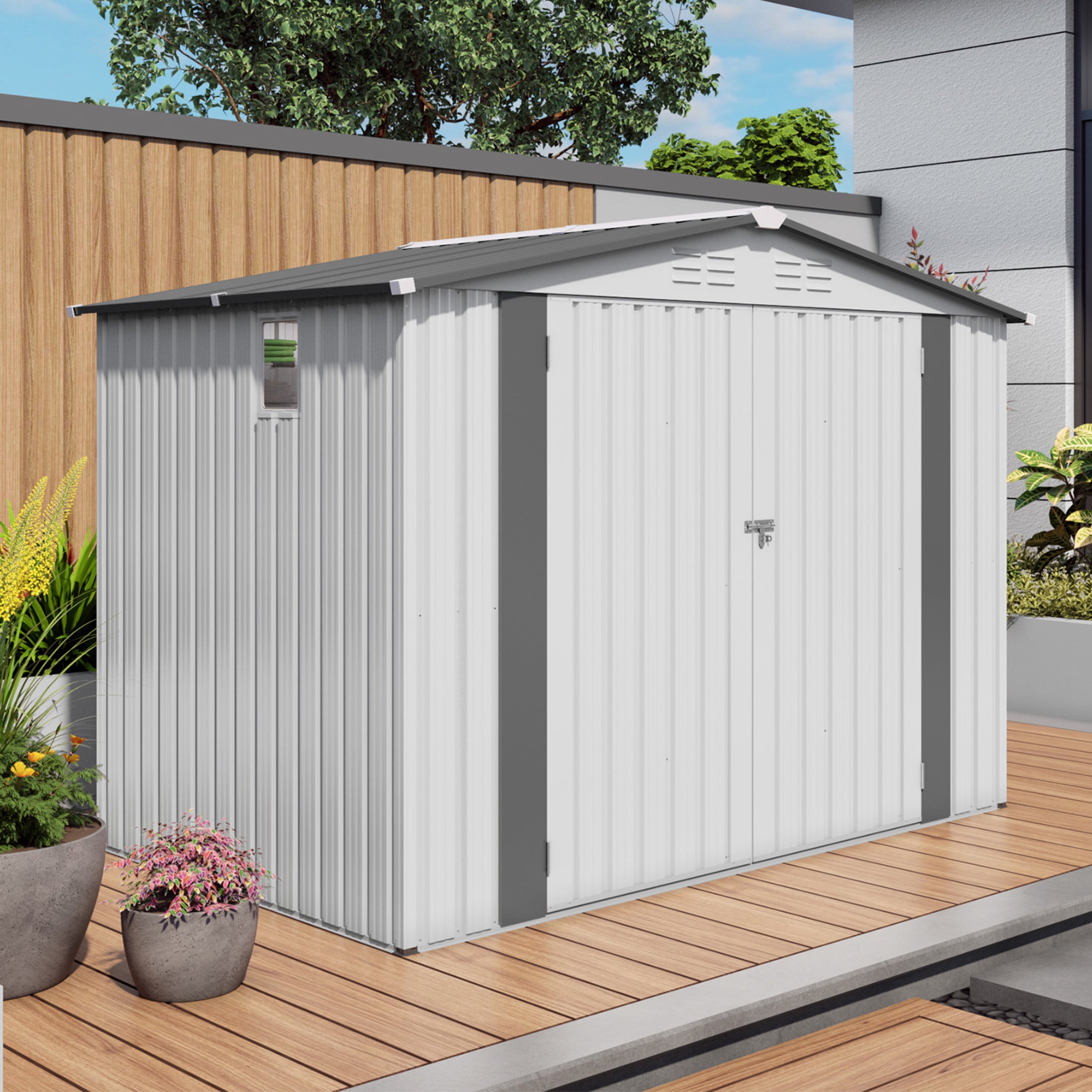 Noble House 8 x 6 FT Metal Storage Shed with Lockable Double Doors, Window and Vents, White + Gray