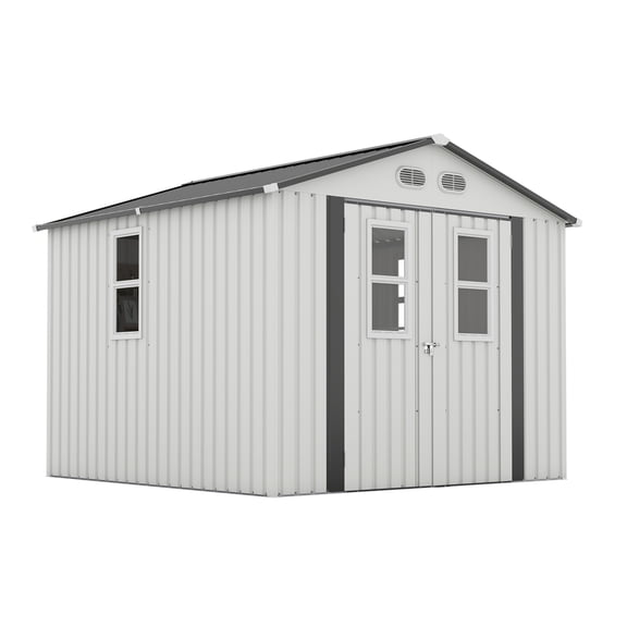 Noble House 8 x 8 FT Outdoor Storage Shed with Daylight Windows and Lockable Doors, Protective Surface Film, White