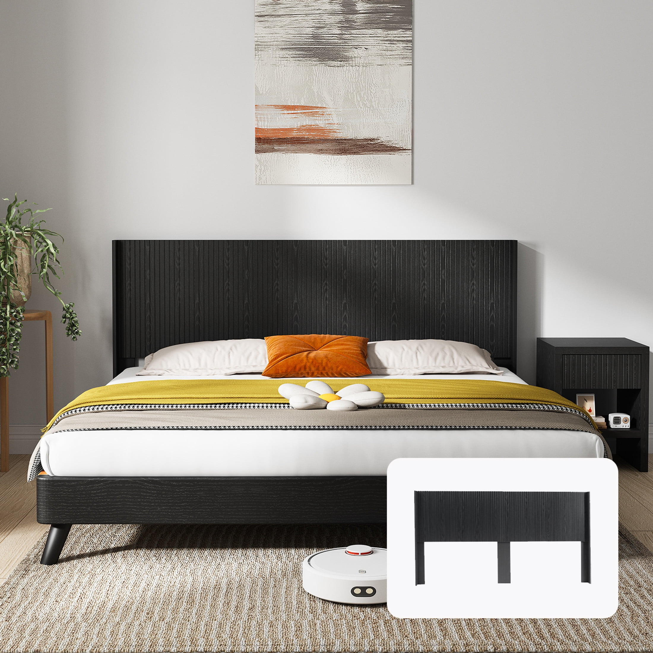 Noble House 80.2" Wood Headboard Only, King Size, Modern Farmhouse, Wall Mounted Fluted Panel, Black Woodgrain