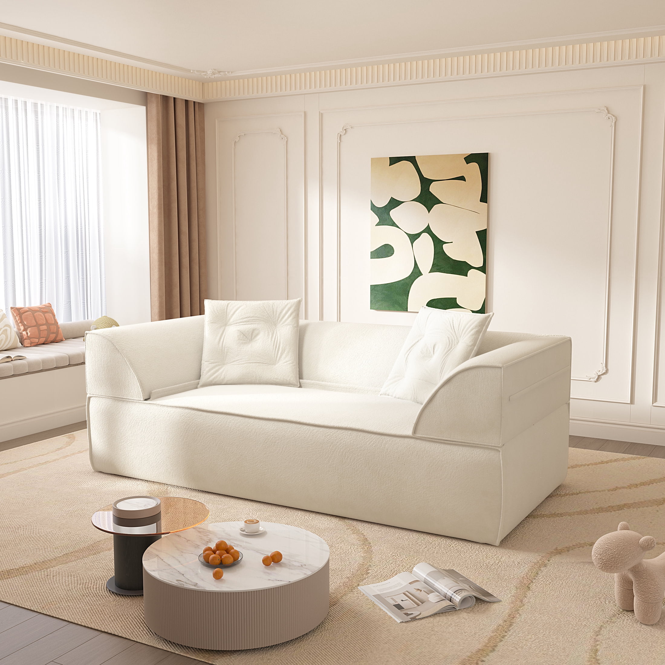 Noble House 80" 3-in-1 Convertible Sofa Bed, Sparkling Chenille Deep Seat Couch with Pillows, for Living Room, Beige