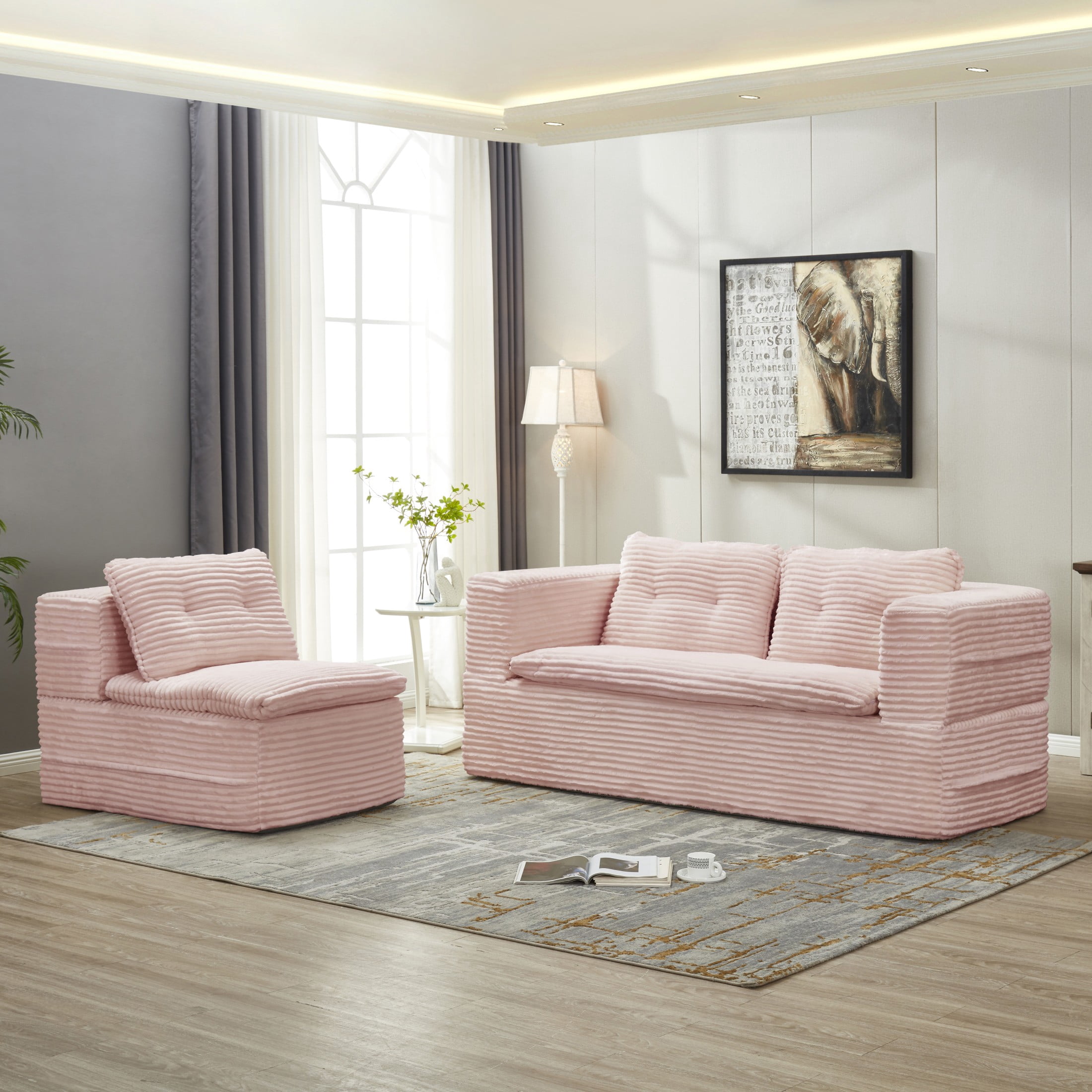 Noble House 80" Convertible Sectional Sofa Bed, Plush Corduroy King Size Sleeper with Chaise, Living Room, Baby Pink