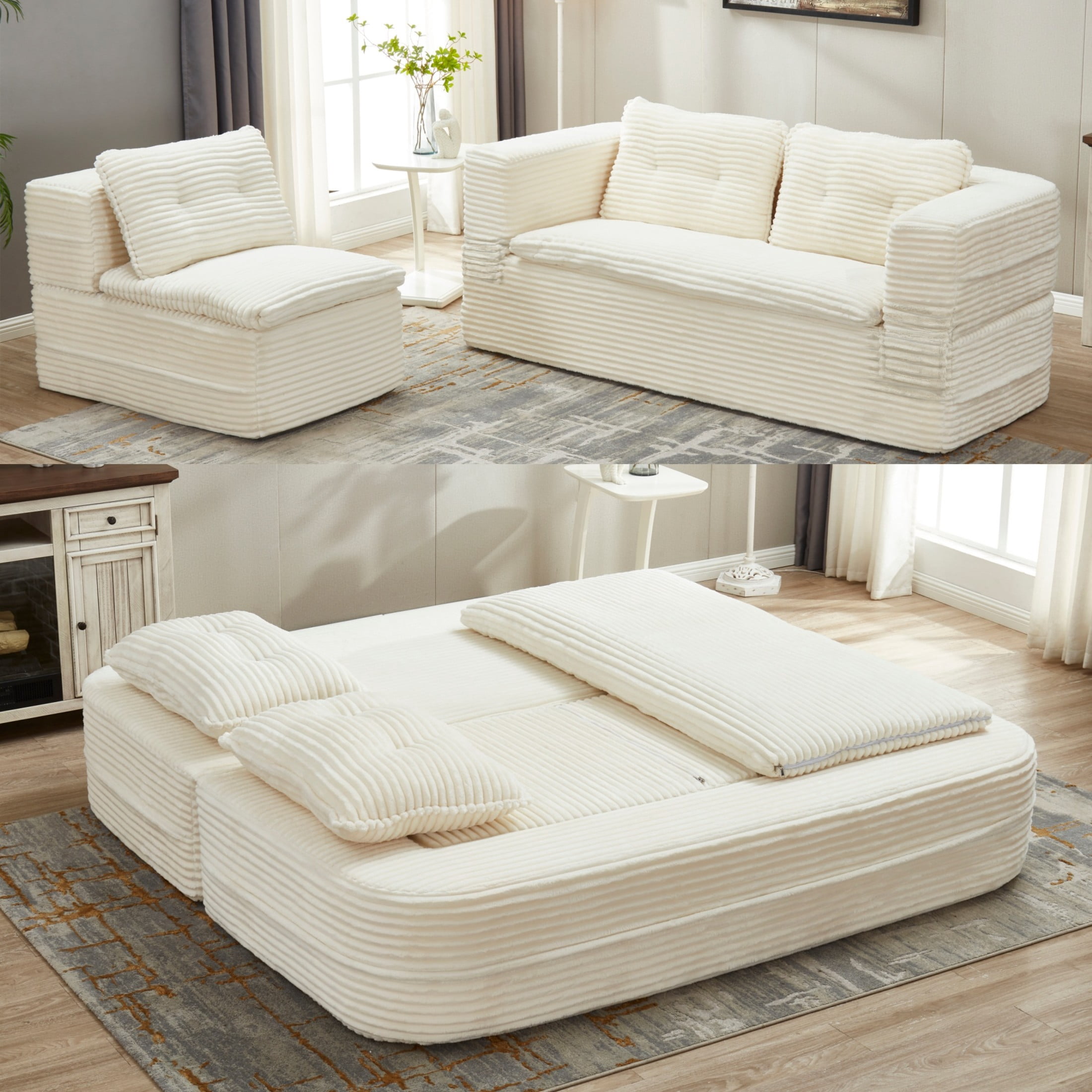 Noble House 80" Convertible Sectional Sofa Bed, Plush Corduroy King Size Sleeper with Chaise, Living Room, Beige