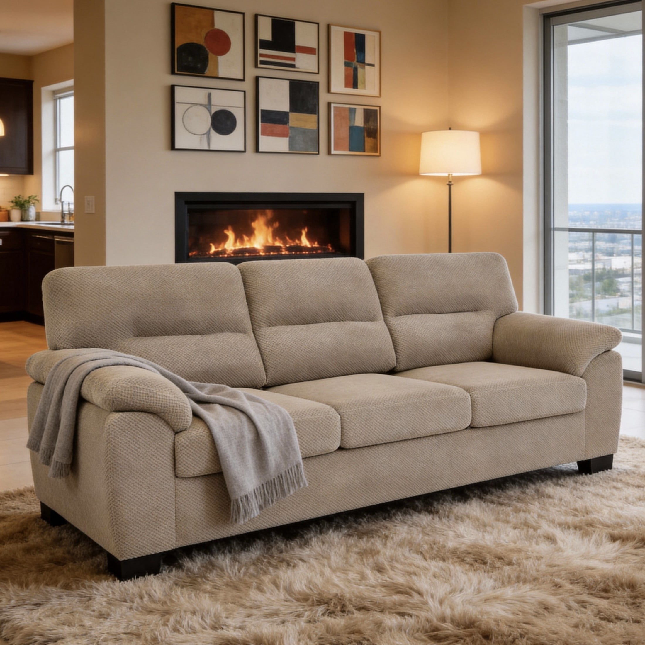 Noble House 81" Modern 3-Seater Sofa, Textured Polyester Upholstery, Pillow Top Arms, Camel