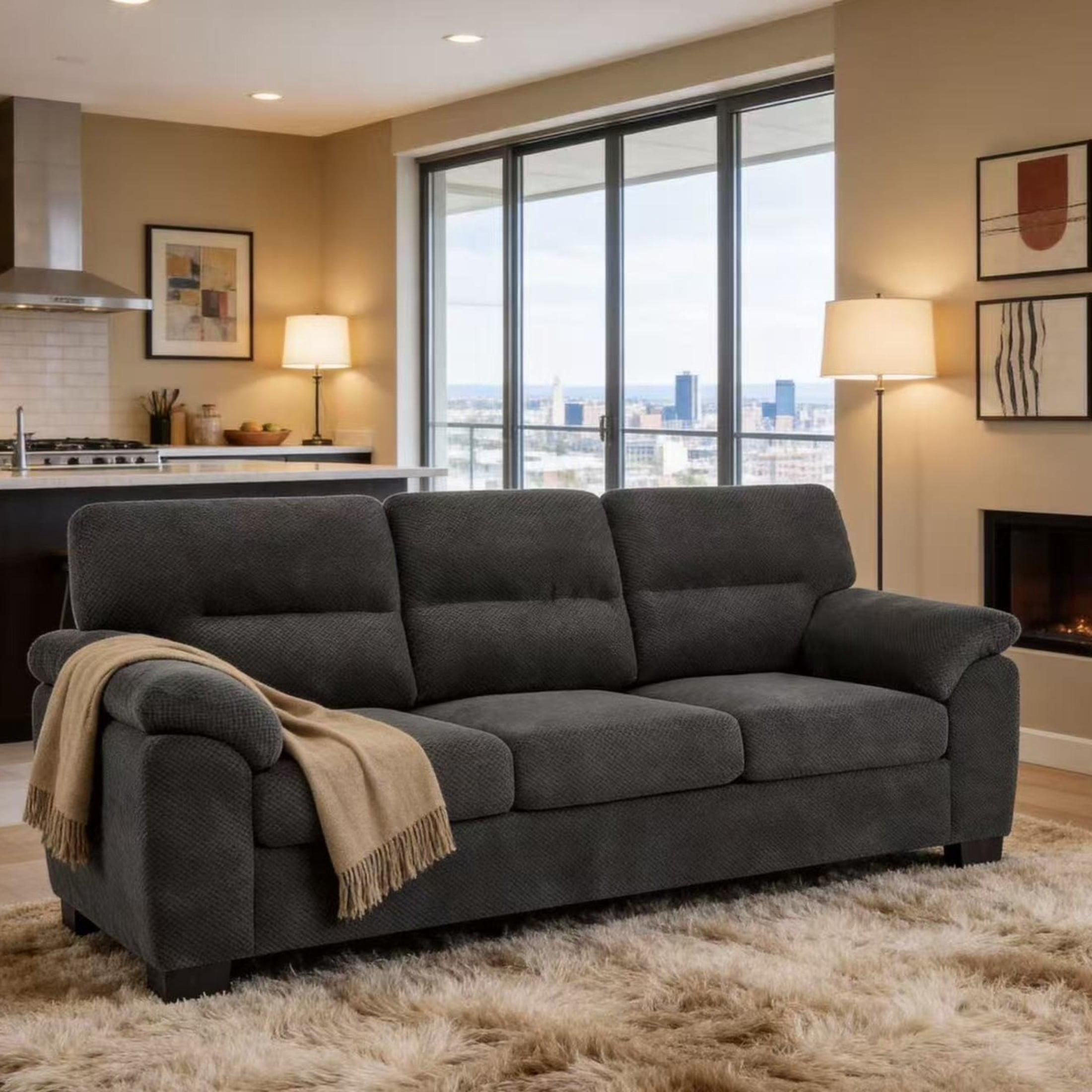 Noble House 81" Modern 3-Seater Sofa, Textured Polyester Upholstery, Pillow Top Arms, Dark Gray