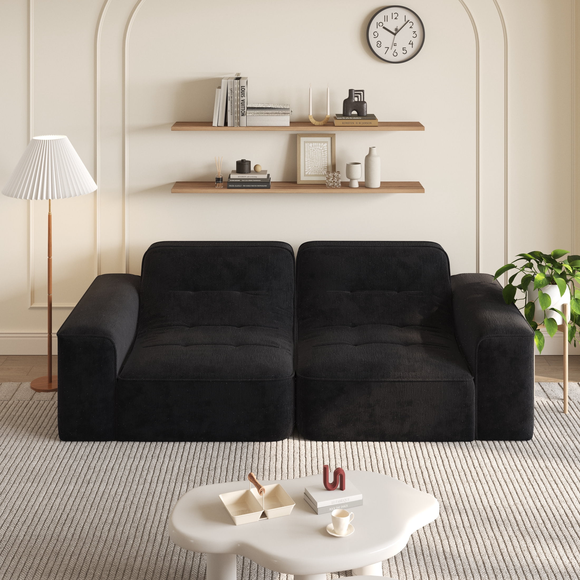 Noble House 84" Modular Sectional 3-Seater Sofa, Tufted Sparkling Chenille Deep Seat Couch, Living Room, Black