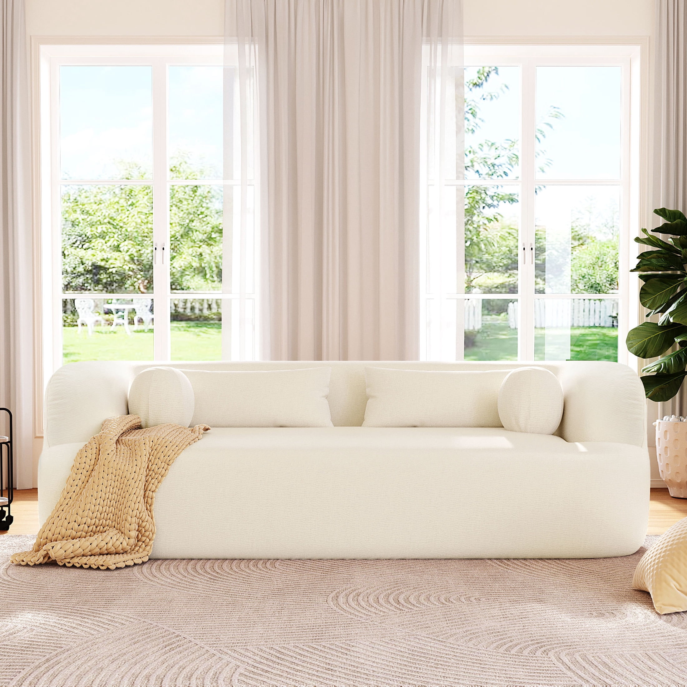 Noble House 86" Modern Chenille Boneless Sofa, 3-Seater Curved Cloud Couch with Pocket Springs for Living Room, Beige