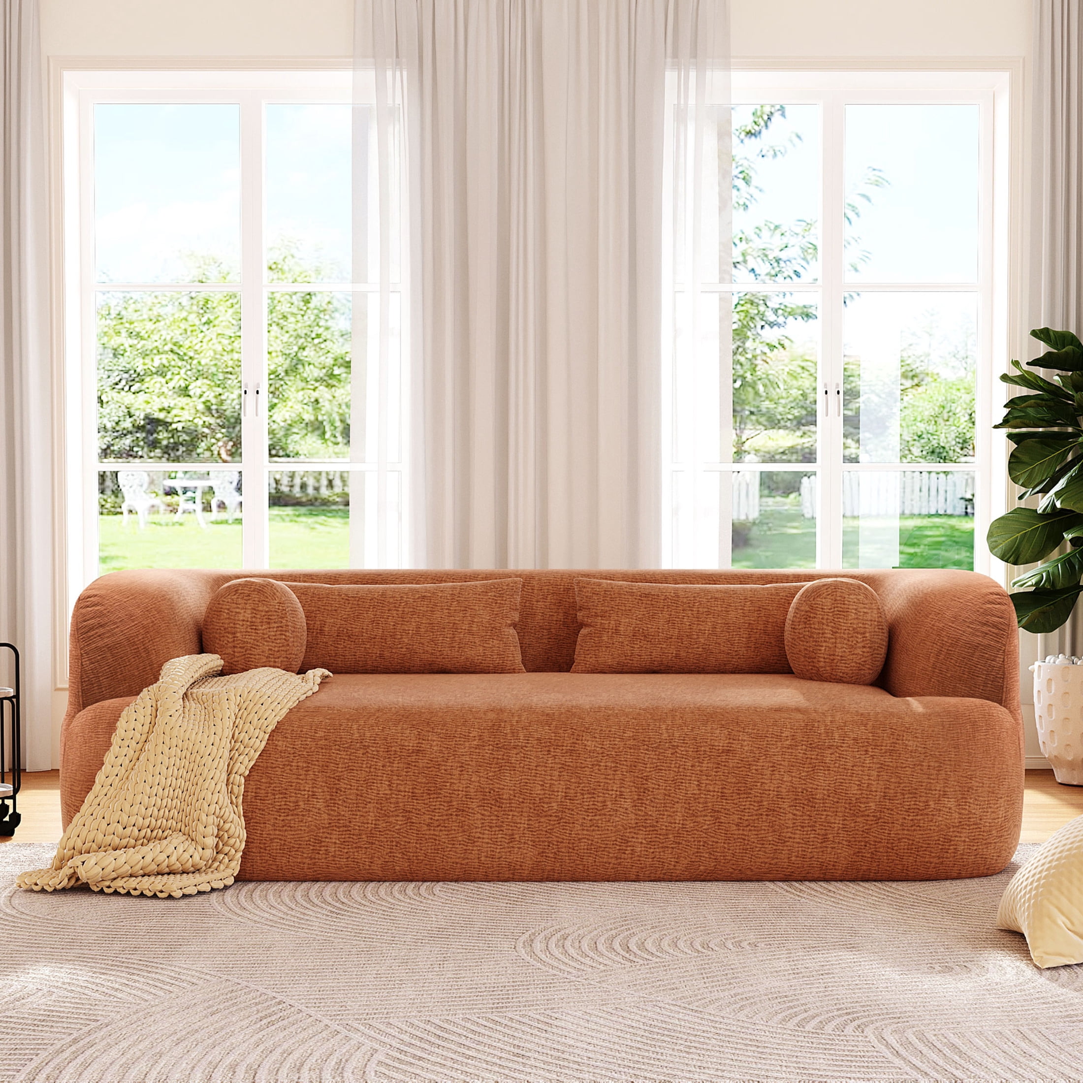 Noble House 86" Modern Chenille Boneless Sofa, 3-Seater Curved Cloud Couch with Pocket Springs for Living Room, Orange