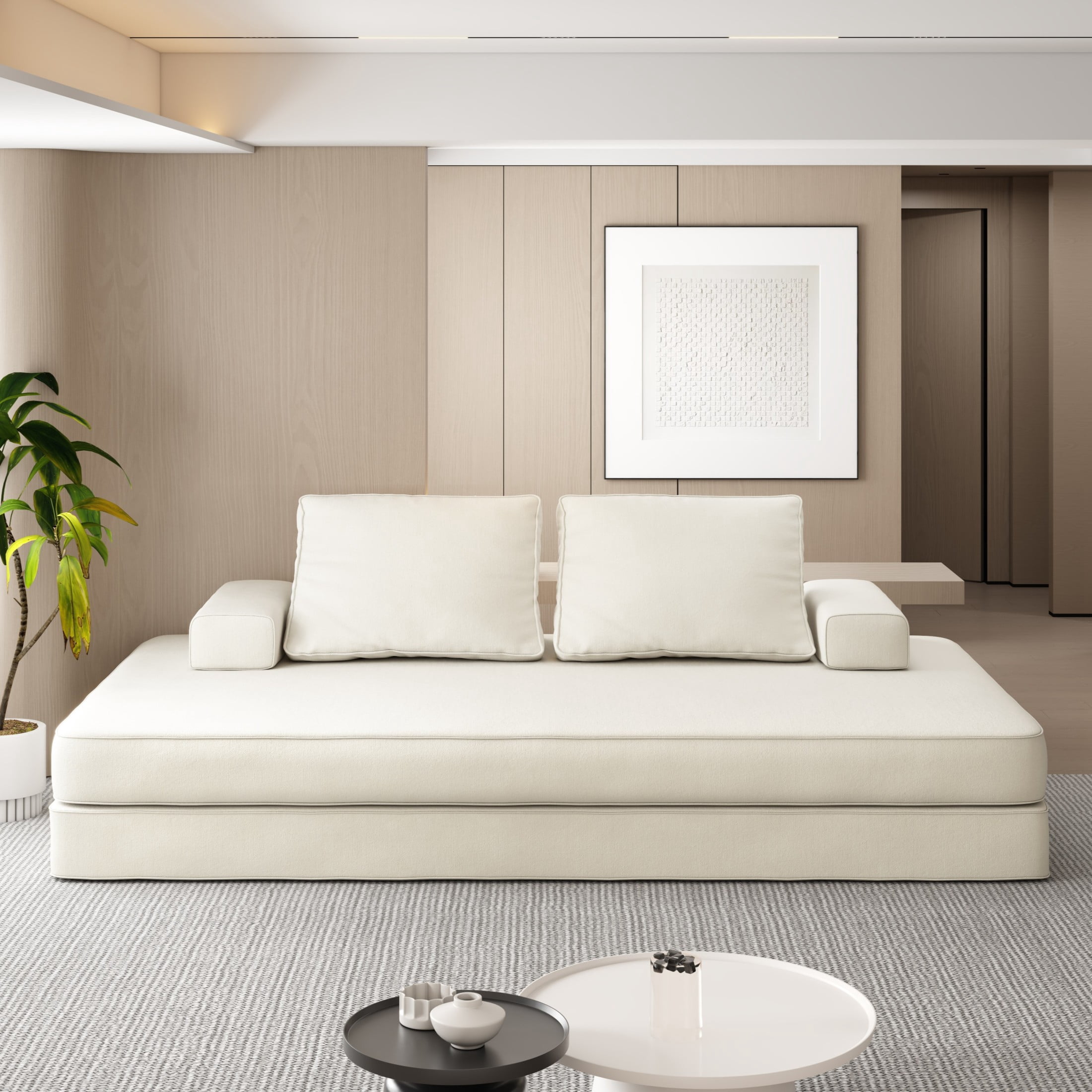 Noble House 87" Multifunctional Convertible Sofa Bed with Pillows, Fluffy Chenille Modular Floor Chaise Lounge, Beige