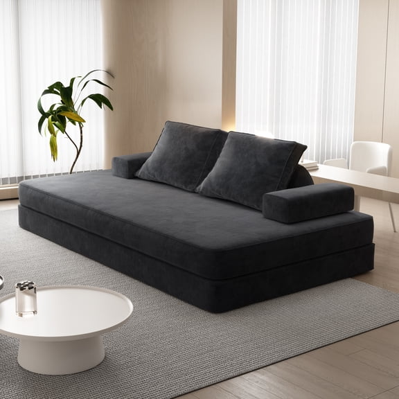 Noble House 87" Multifunctional Convertible Sofa Bed with Pillows, Fluffy Chenille Modular Floor Chaise Lounge, Dark Gray