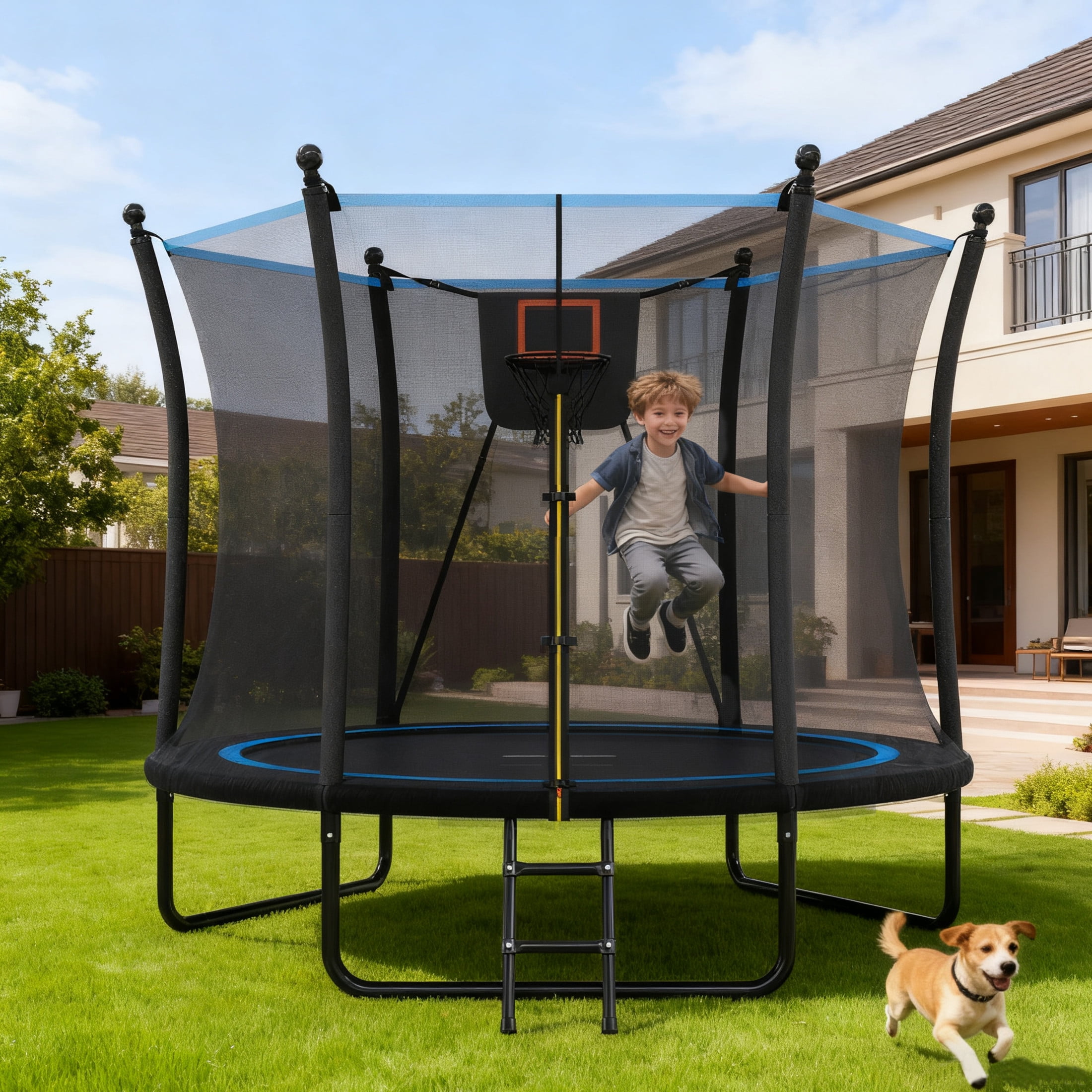 Noble House 8FT Backyard Steel Recreational Trampoline, Enclosure Net with Ladder, for Kids and Toddlers, Black