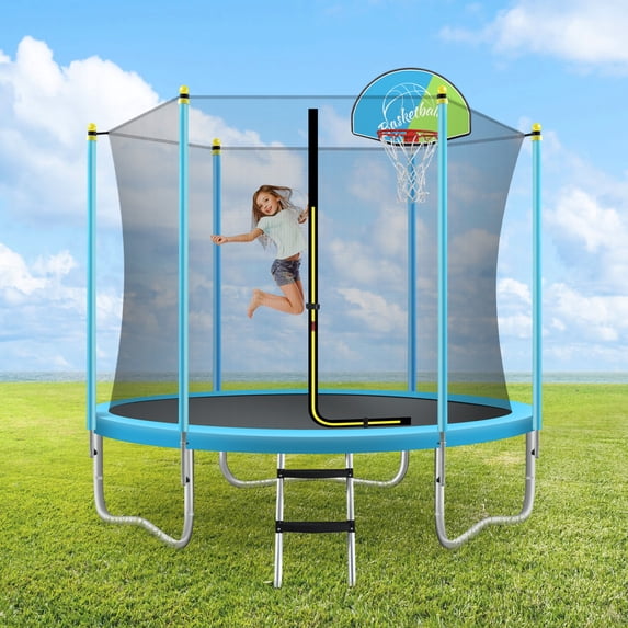 Noble House 8FT Outdoor Trampoline for Kids with Safety Enclosure Net, Basketball Hoop & Ladder, Blue
