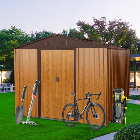 Noble House 8x10 FT Outdoor Metal Storage Shed with Foundation, Large Garden Equipment Shelter for Backyard, Coffee