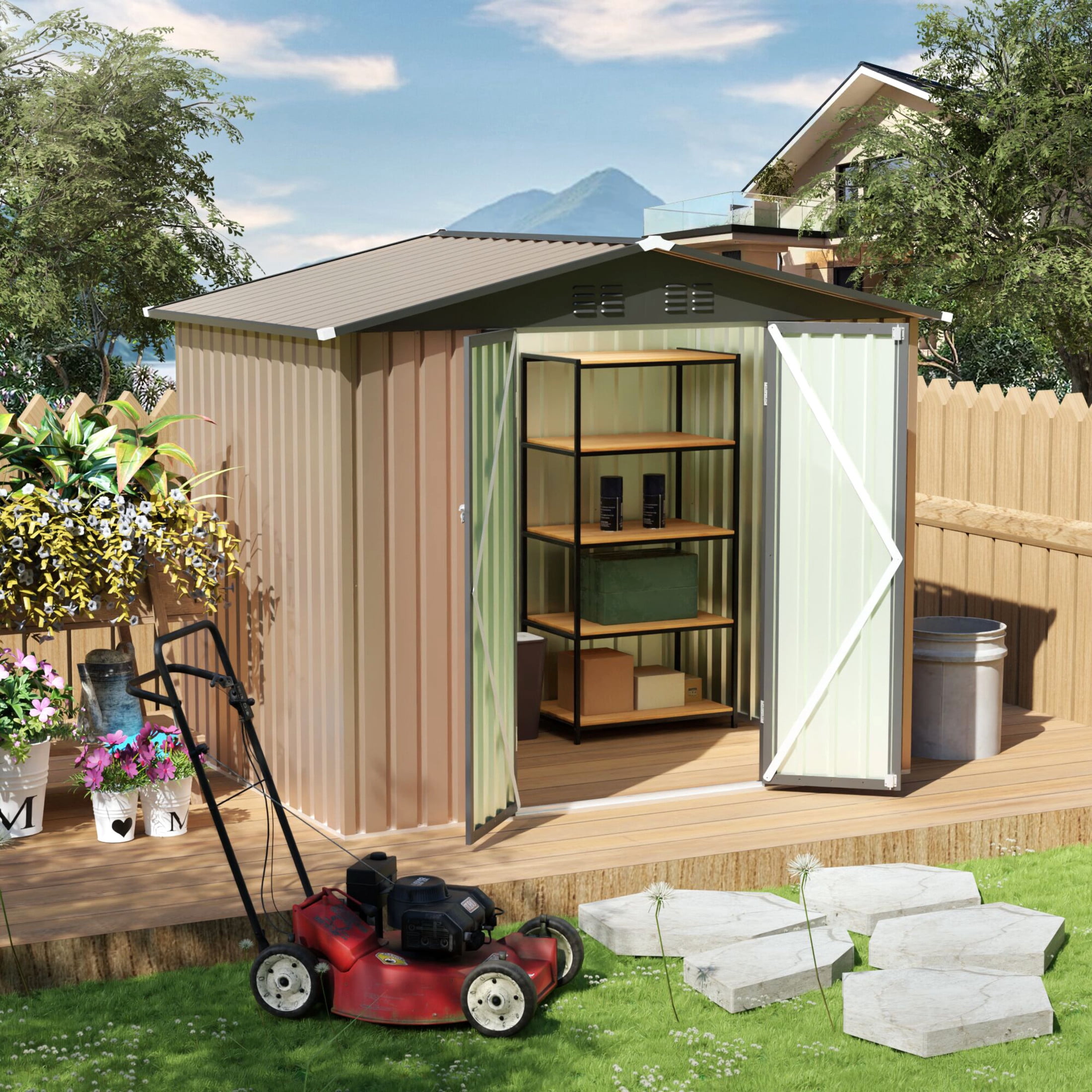 Noble House 8x6 FT Metal Garden Shed, Galvanized Steel Apex Roof Backyard Storage House, Easy Assembly, Brown