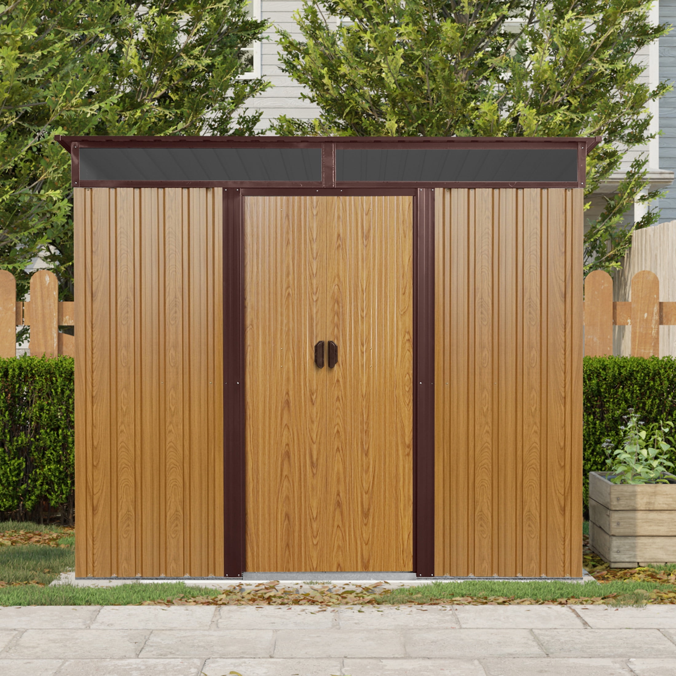 Noble House 8x6 FT Outdoor Metal Storage Shed with Window & Transparent Plate, Galvanized Steel Garden Utility Room, Coffee