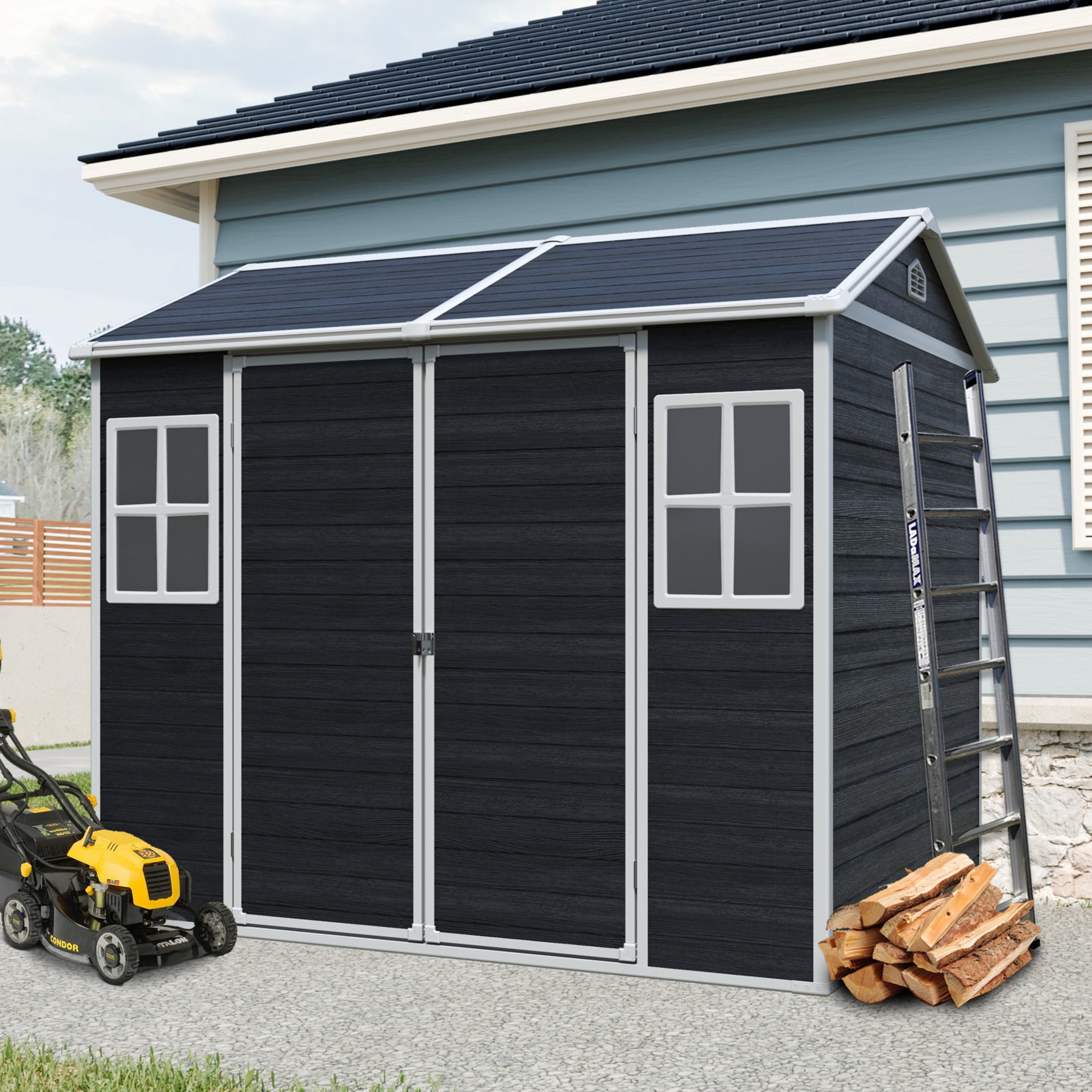 Noble House 8x6FT Resin Outdoor Storage Shed, Waterproof Garden Tool Shed with Windows and Lockable Door, Black