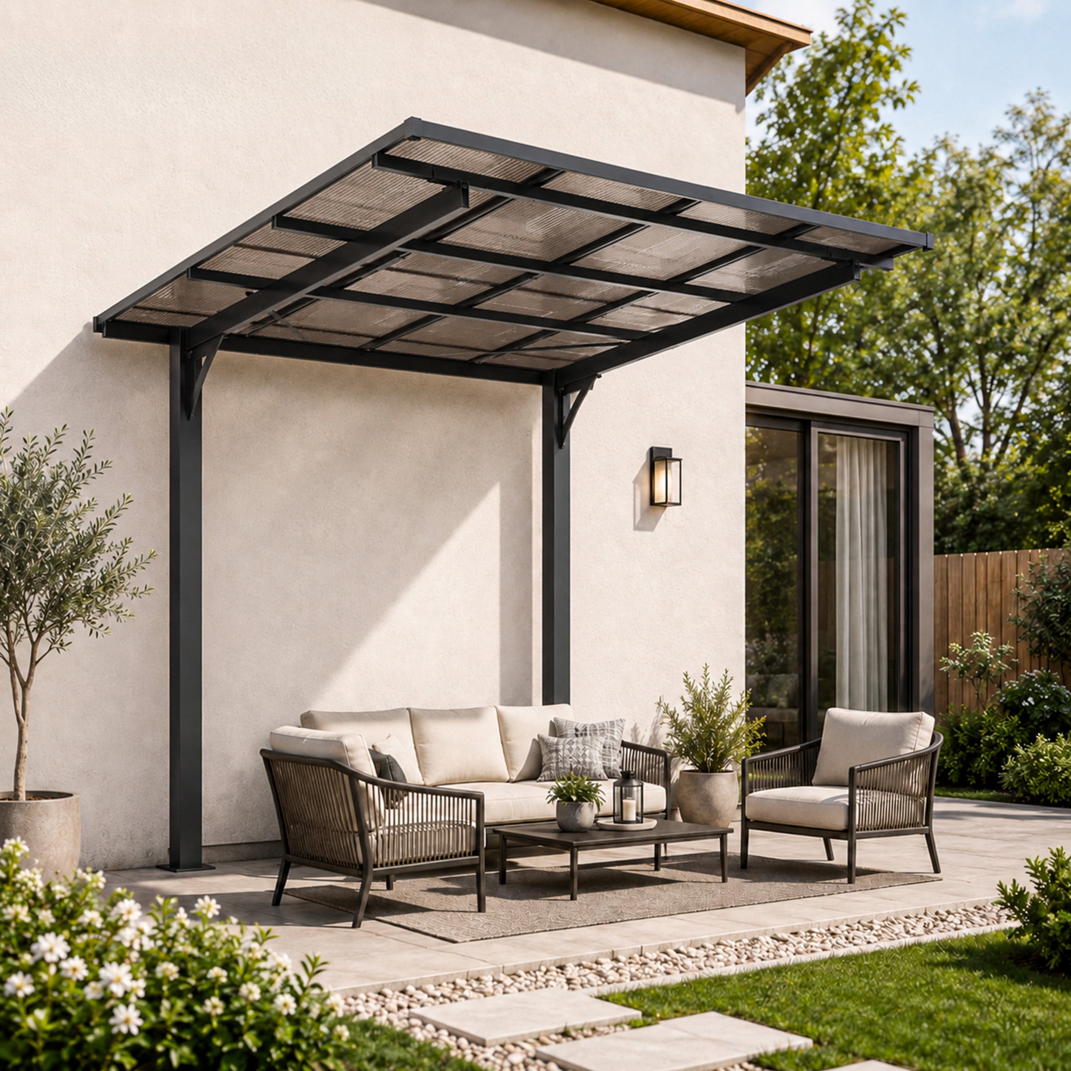 Noble House 8x8 FT Galvanized Steel Carport Awning, Sloped PC Roof Outdoor Utility Shelter & Grill Canopy, Black