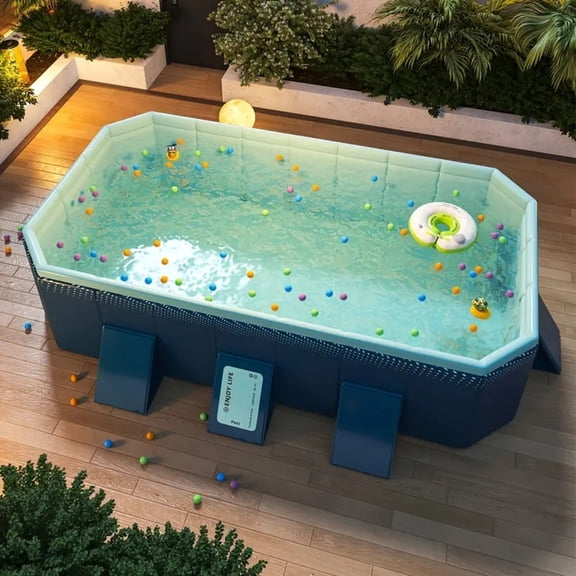 Noble House 9.3FT Outdoor PVC Folding Swimming Pool, Large Non-Inflatable Portable Family Pool for Garden, Blue