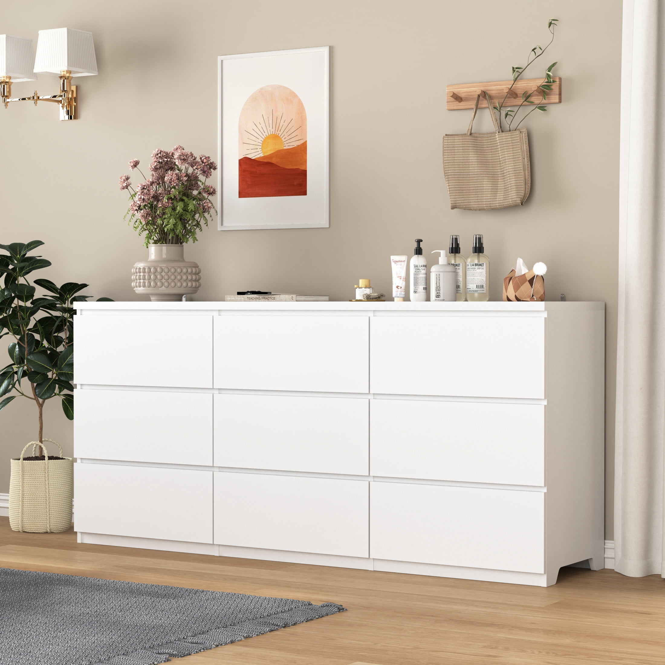 Noble House 9-Drawer Dresser, Modern Storage Chest with Handleless Design, White