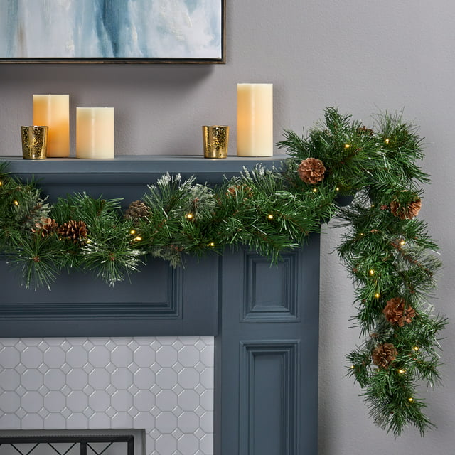 Noble House 9 Foot Artificial Mixed Spruce LED Christmas Garland with Snowy Branches and Pinecones, Green/Clear LED