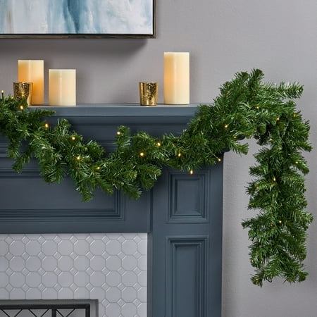 Noble House - 9-foot Noble Fir Pre-lit Warm White LED Artificial Christmas Garland - Green