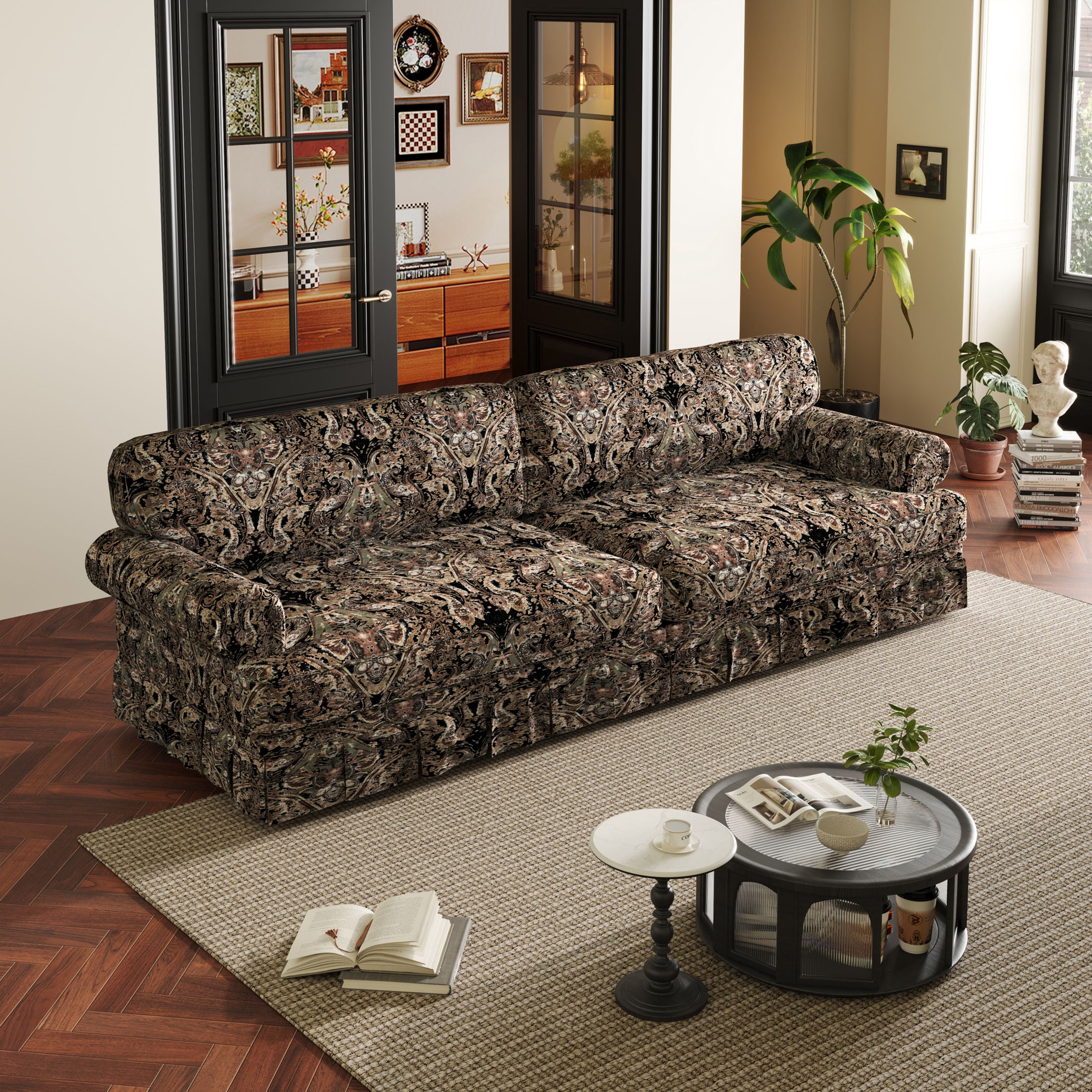 Noble House 93.7" Luxurious Floral 4-Seater Cloud Couch, Mid-Century Oxford Fabric Sofa with Pleated Skirt, Black