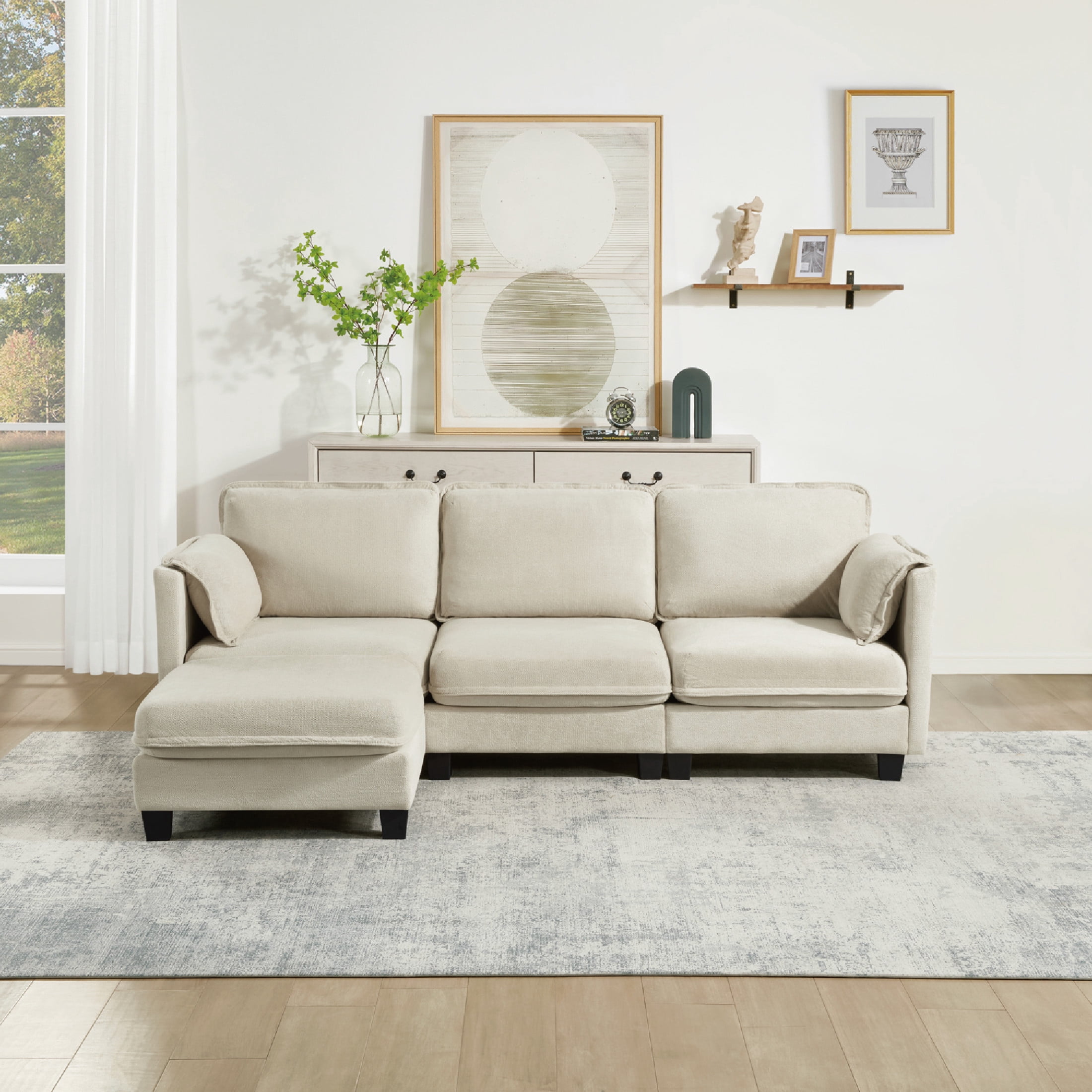 Noble House 93" L-Shaped Cloud Sofa, Cotton-Linen Velvet Sectional with Storage, Living Room, Modular 3-Seat, Beige