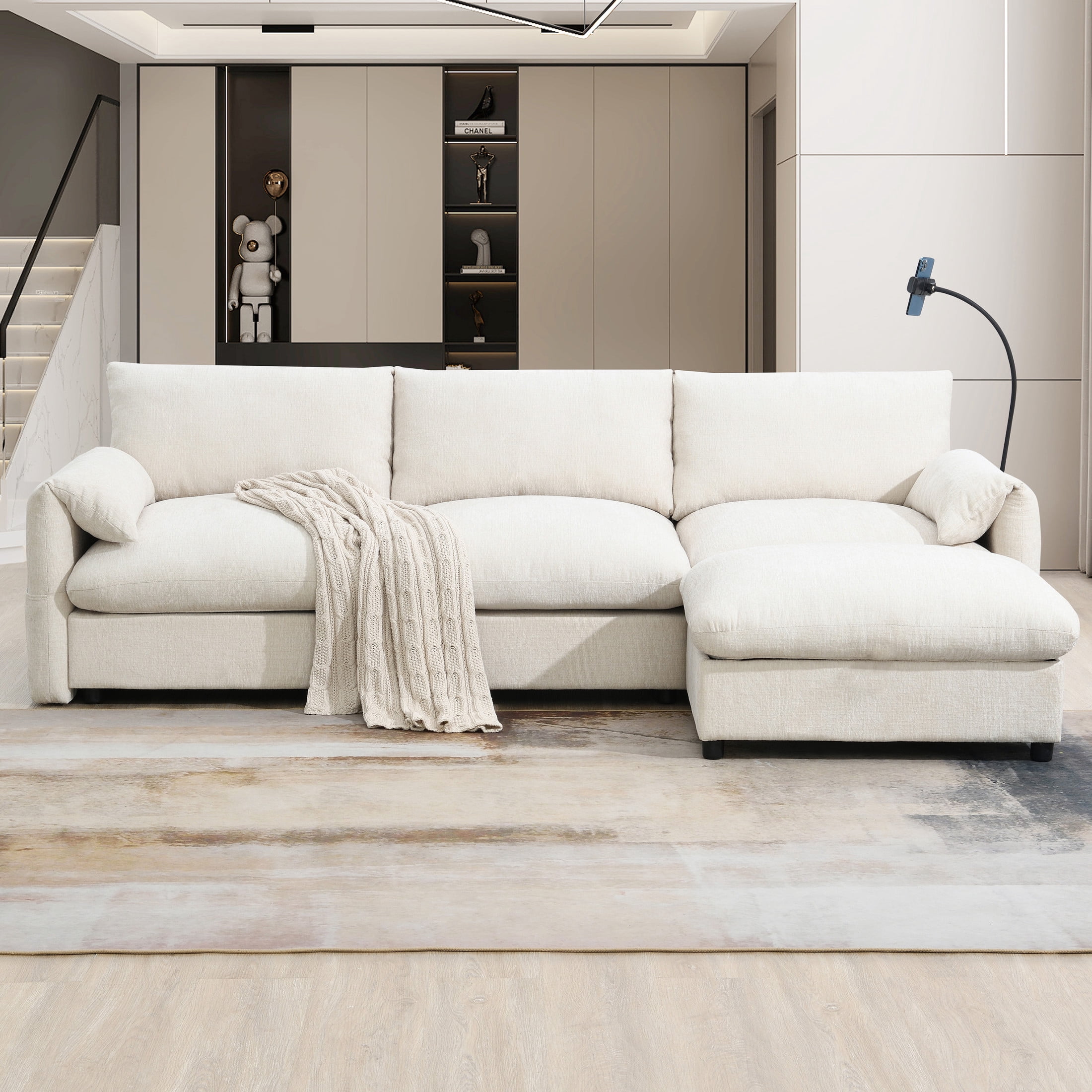 Noble House 96.5" Chenille L-Shaped Sectional Sofa with Storage Ottoman, Charging Ports, and Phone Holder, Beige