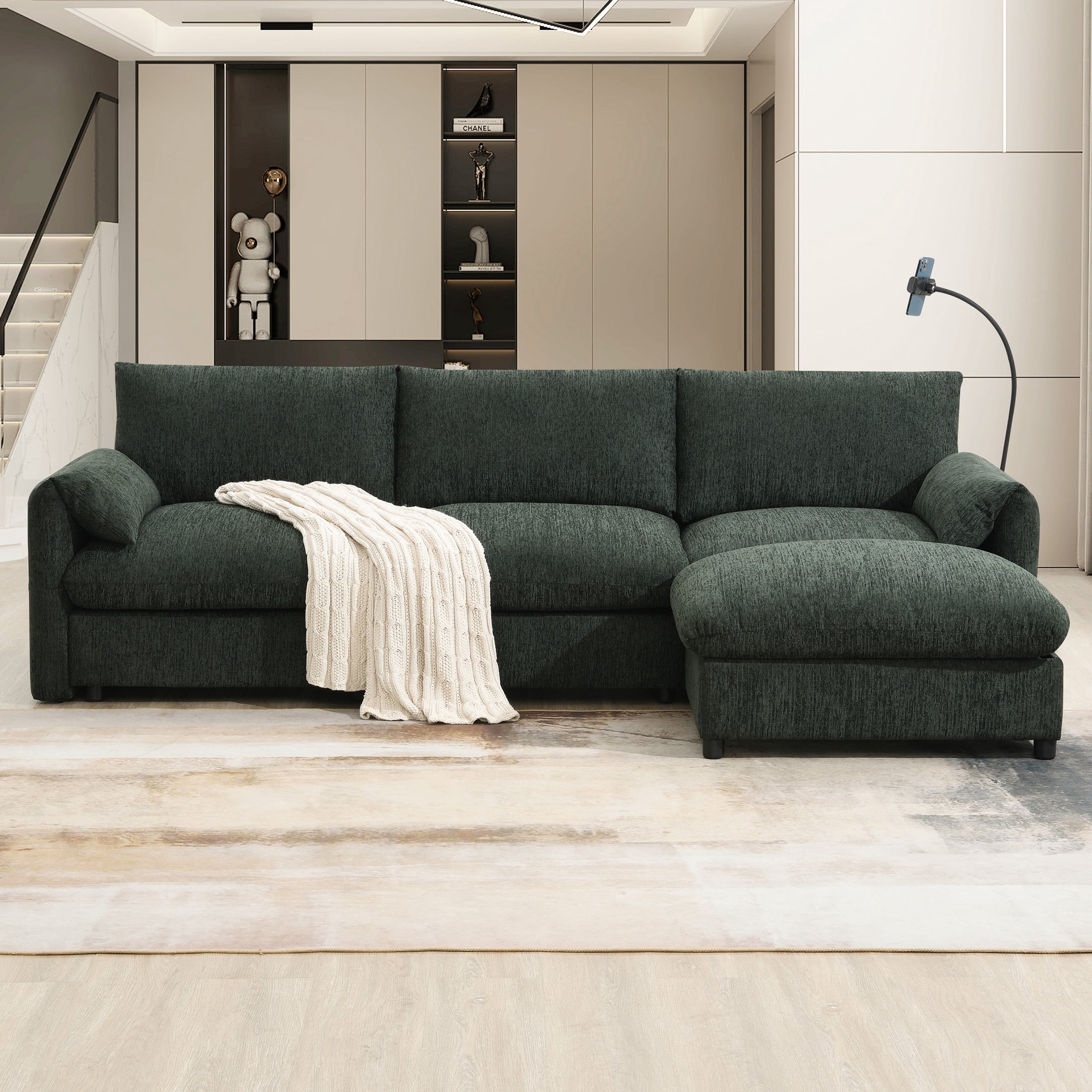 Noble House 96.5" Chenille L-Shaped Sectional Sofa with Storage Ottoman, Charging Ports, and Phone Holder, Green