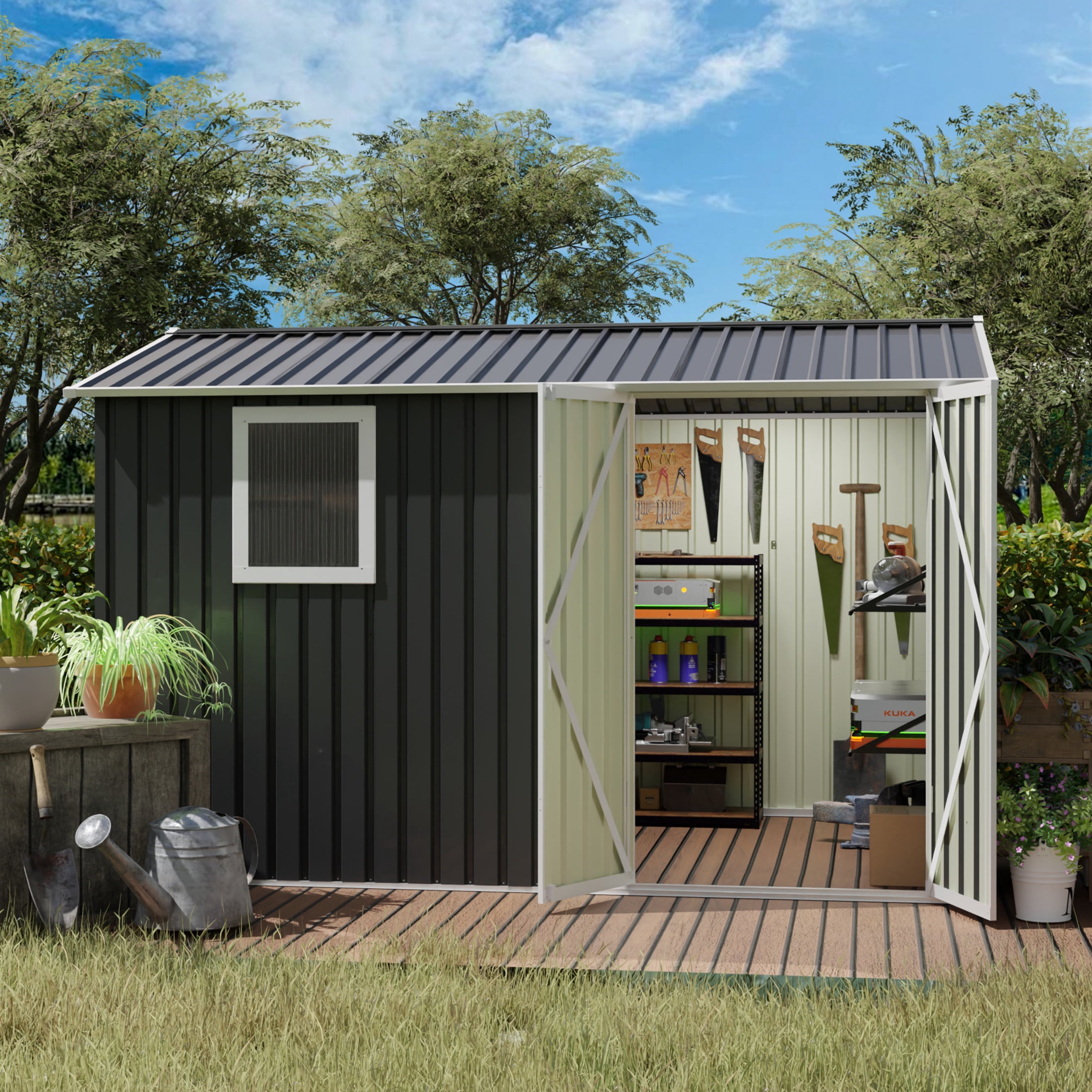 Noble House 9x6 FT Metal Outdoor Garden Shed, Galvanized Steel Backyard Tool Storage House with Window, Grey