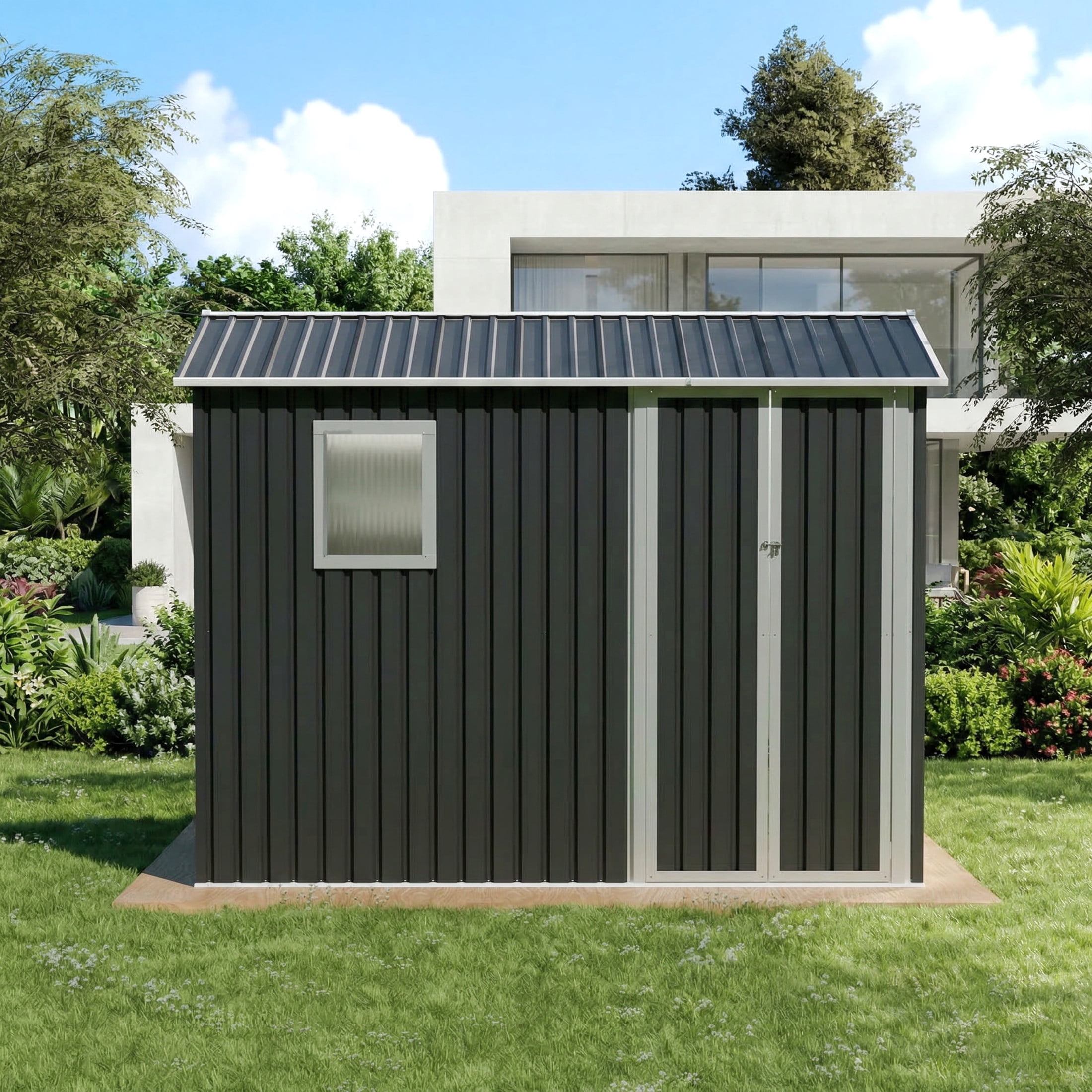 Noble House 9x6 FT Metal Outdoor Garden Shed, Galvanized Steel Backyard Tool Storage House with Window, Grey