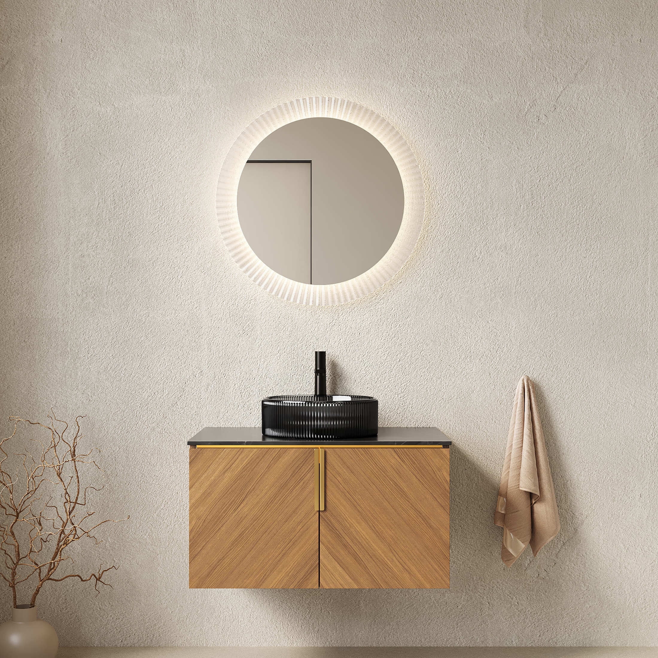 Noble House ARAI 30" Floating Plywood Bathroom Vanity, Sintered Stone Top Cabinet with Black Glass Round Vessel Sink, Oak