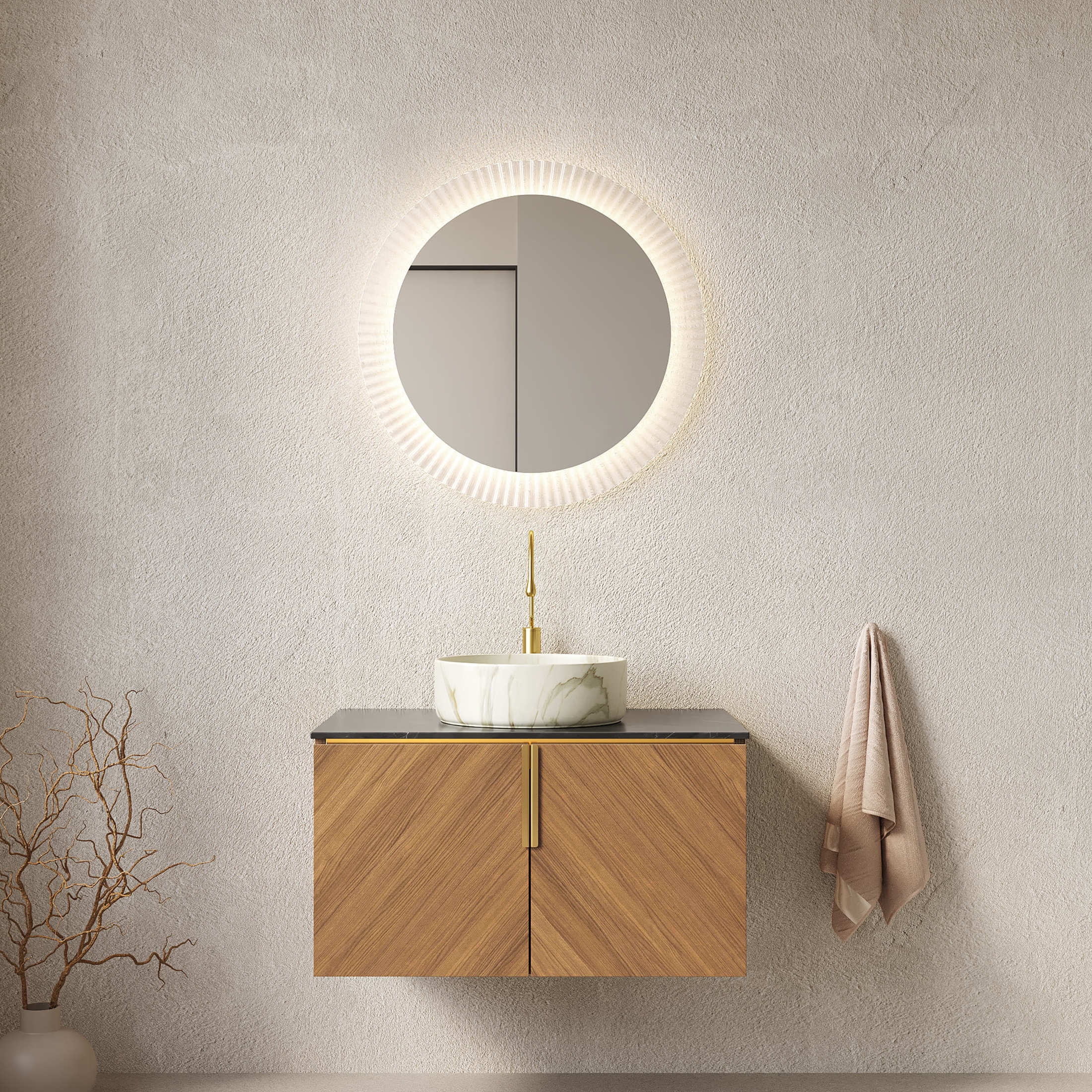 Noble House ARAI 30" Floating Plywood Bathroom Vanity, Sintered Stone Top Cabinet with White Round Vessel Sink, Oak