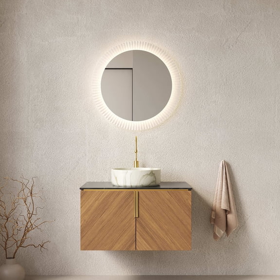 Noble House ARAI 30" Floating Plywood Bathroom Vanity, Sintered Stone Top Cabinet with White Round Vessel Sink, Oak