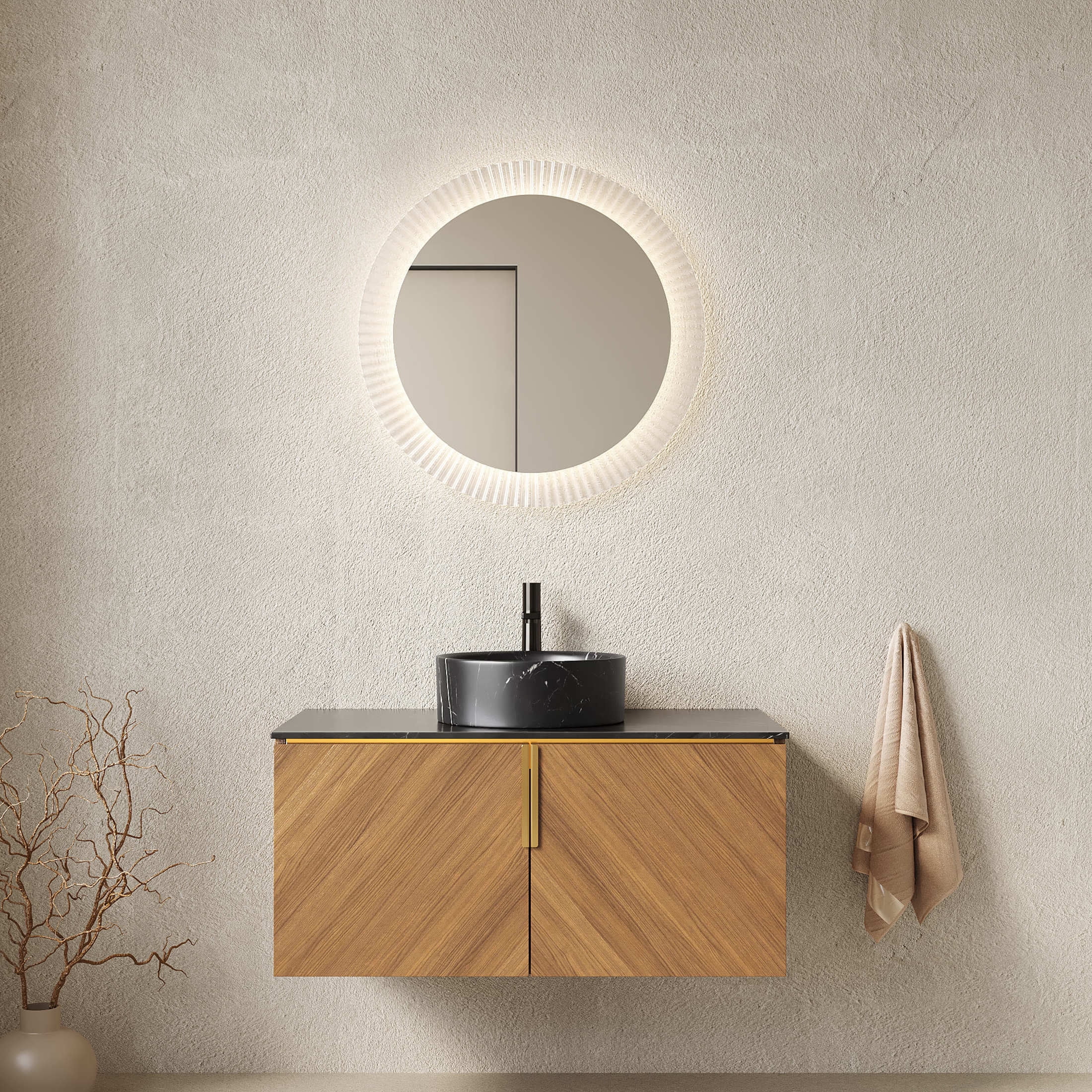 Noble House ARAI 36" Floating Bathroom Vanity, Sintered Stone Top Storage Cabinet with Black Round Vessel Sink, Oak