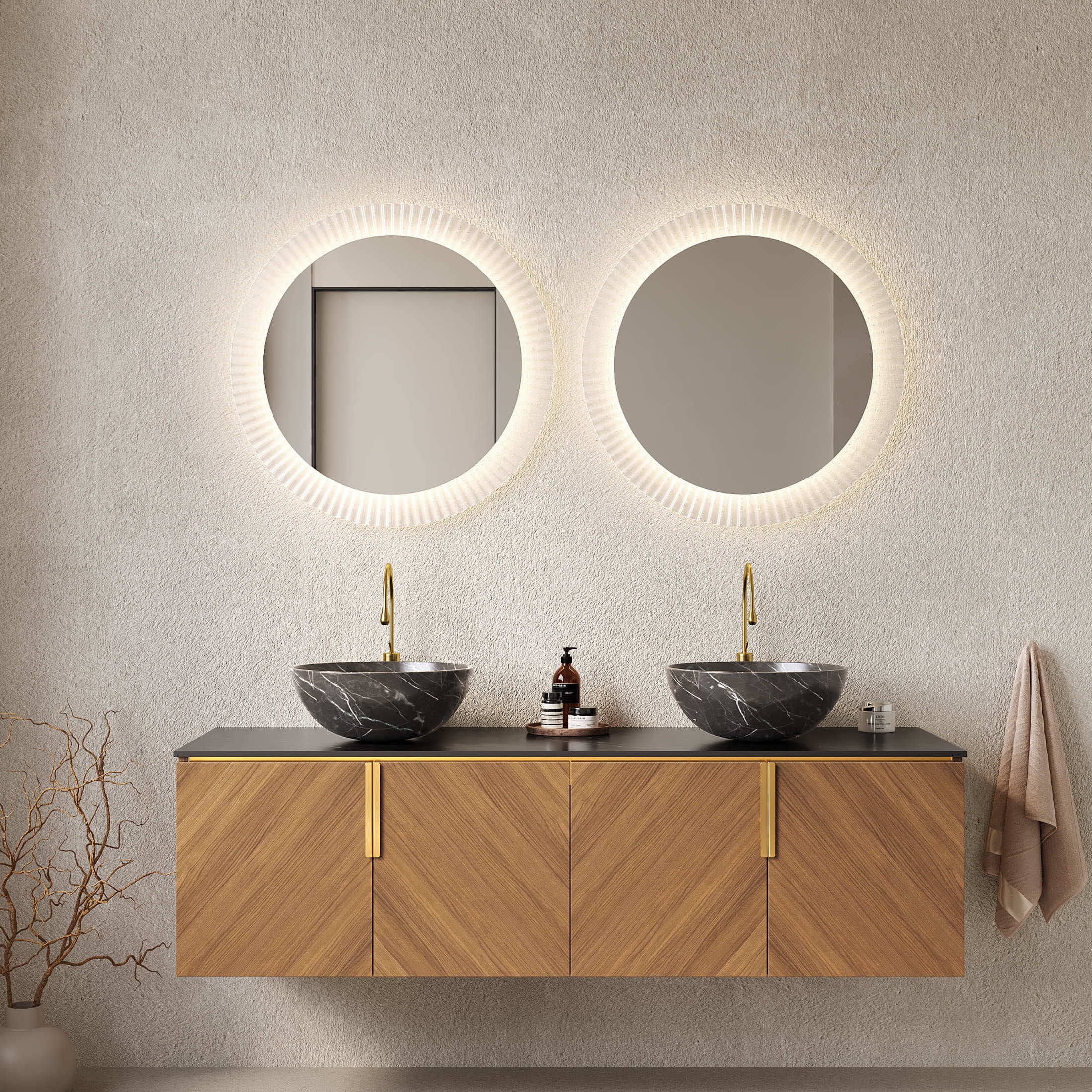 Noble House ARAI 60" Floating Double Bathroom Vanity, Sintered Stone Top Cabinet with Dual Black Bowl Sink, Oak