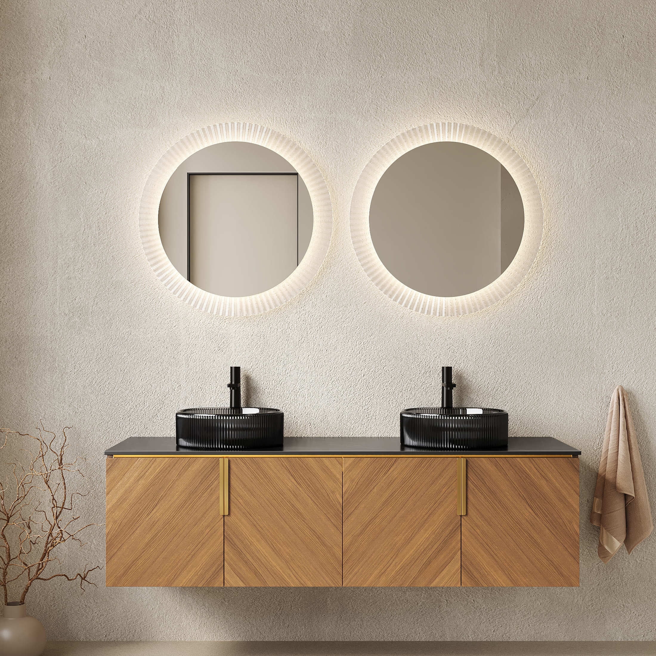 Noble House ARAI 60" Floating Double Bathroom Vanity, Sintered Stone Top Cabinet with Dual Black Glass Sink, Oak