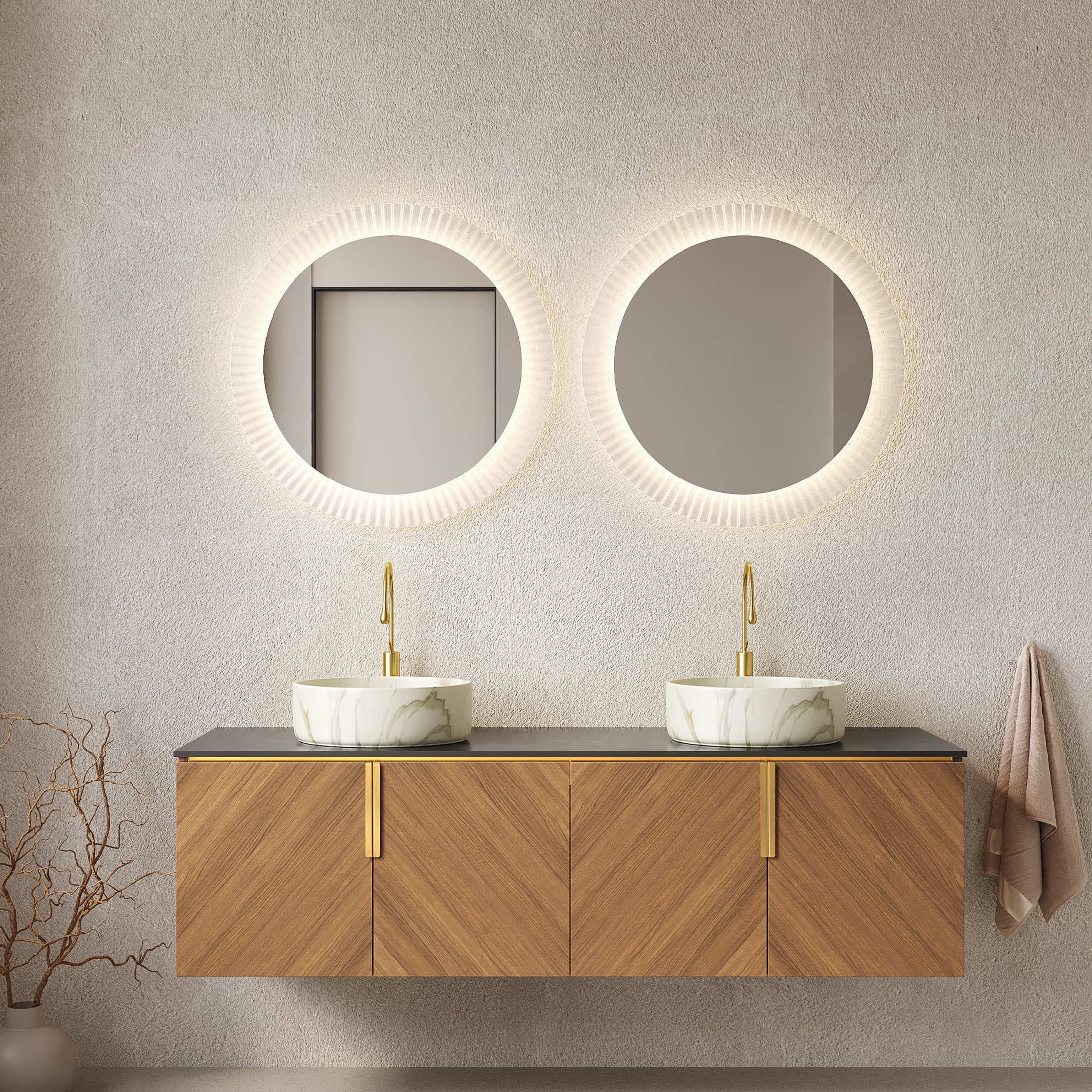 Noble House ARAI 60" Floating Double Bathroom Vanity, Sintered Stone Top Cabinet with Dual Stone Round Sink, Oak