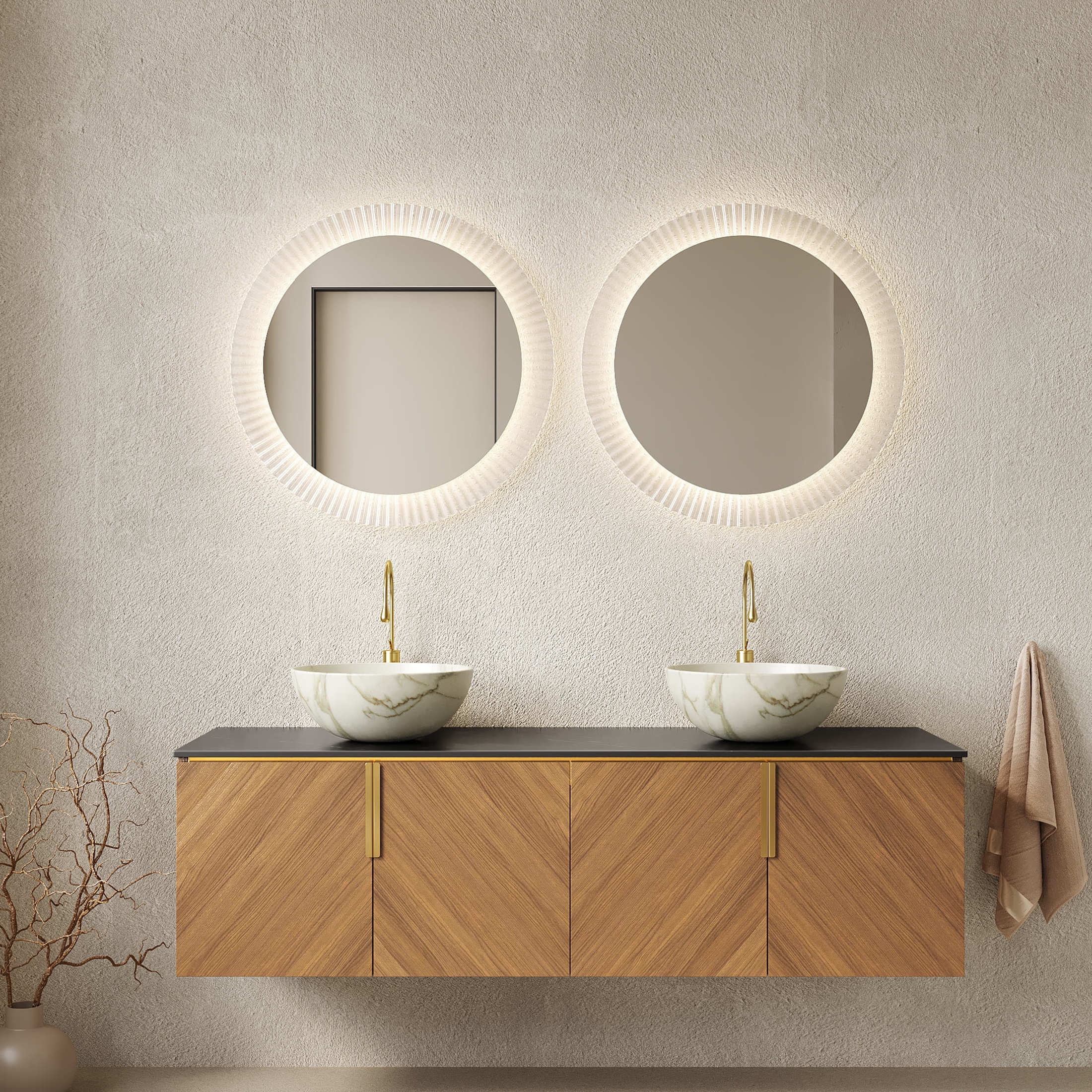 Noble House ARAI 60" Floating Double Bathroom Vanity, Sintered Stone Top Cabinet with Dual White Bowl Sink, Oak