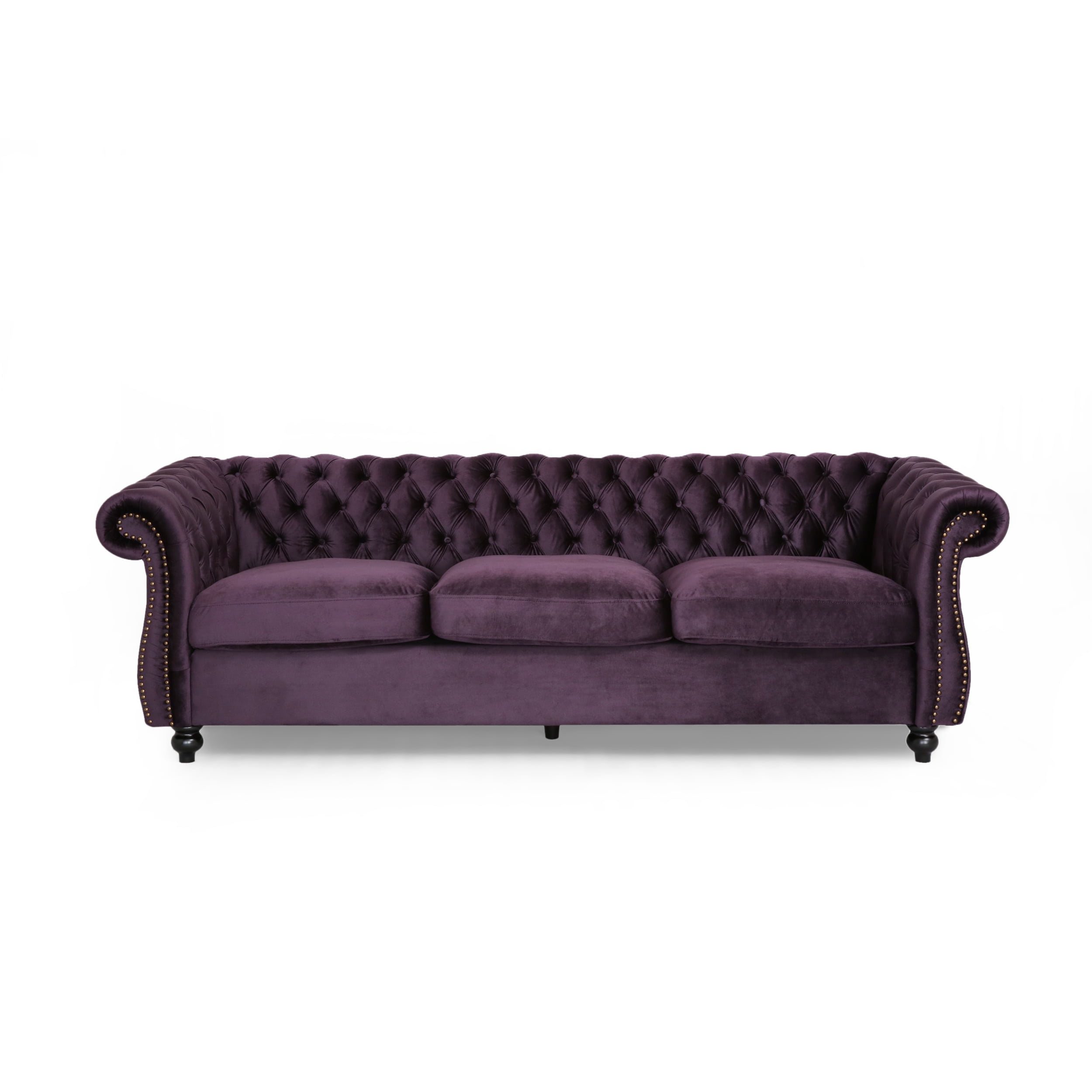 Noble House Aaniya Chesterfield Velvet Tufted Jewel Toned Sofa with Scroll Arms, Blackberry