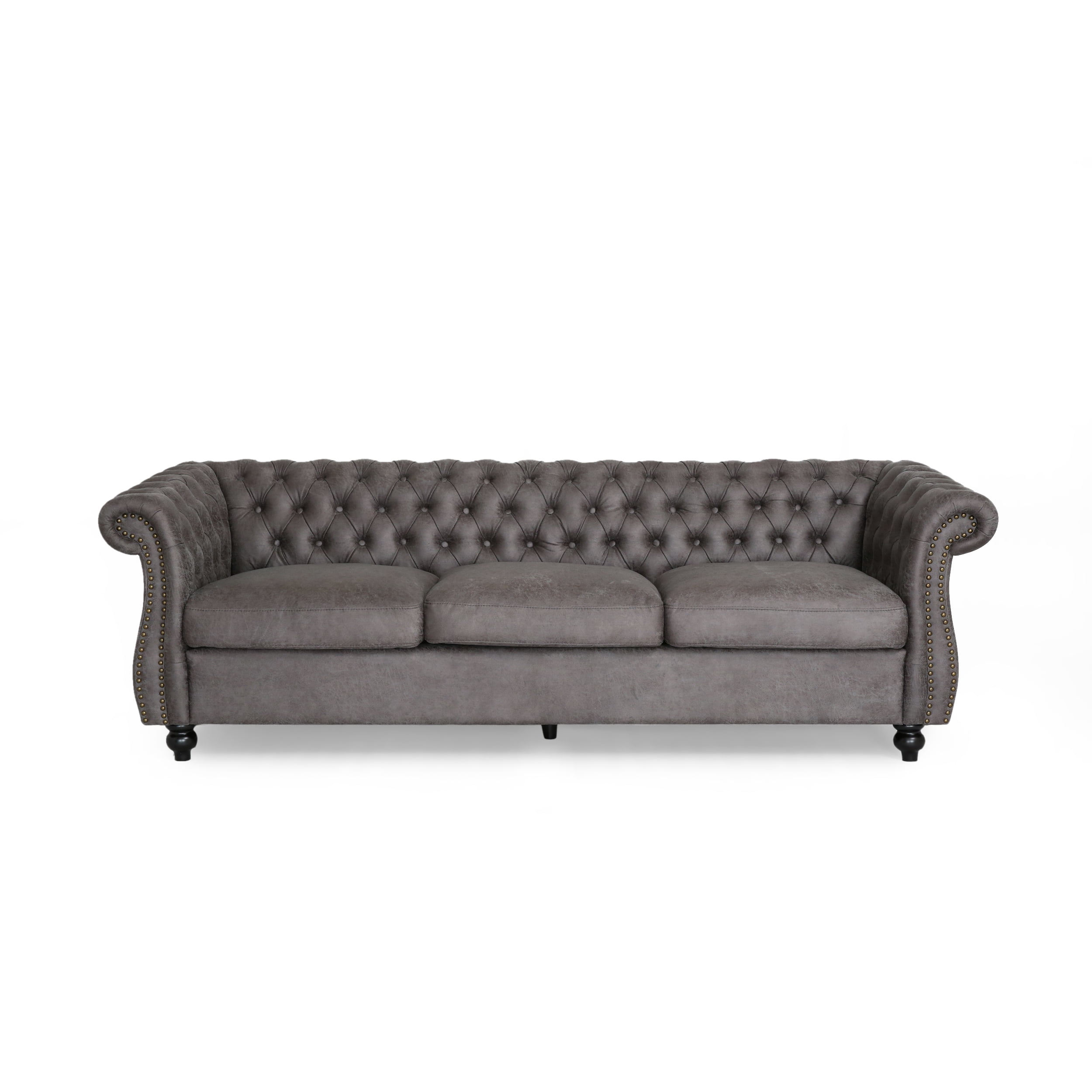 Noble House Aaniya Tufted Microfiber Sofa, Slate, Dark Brown