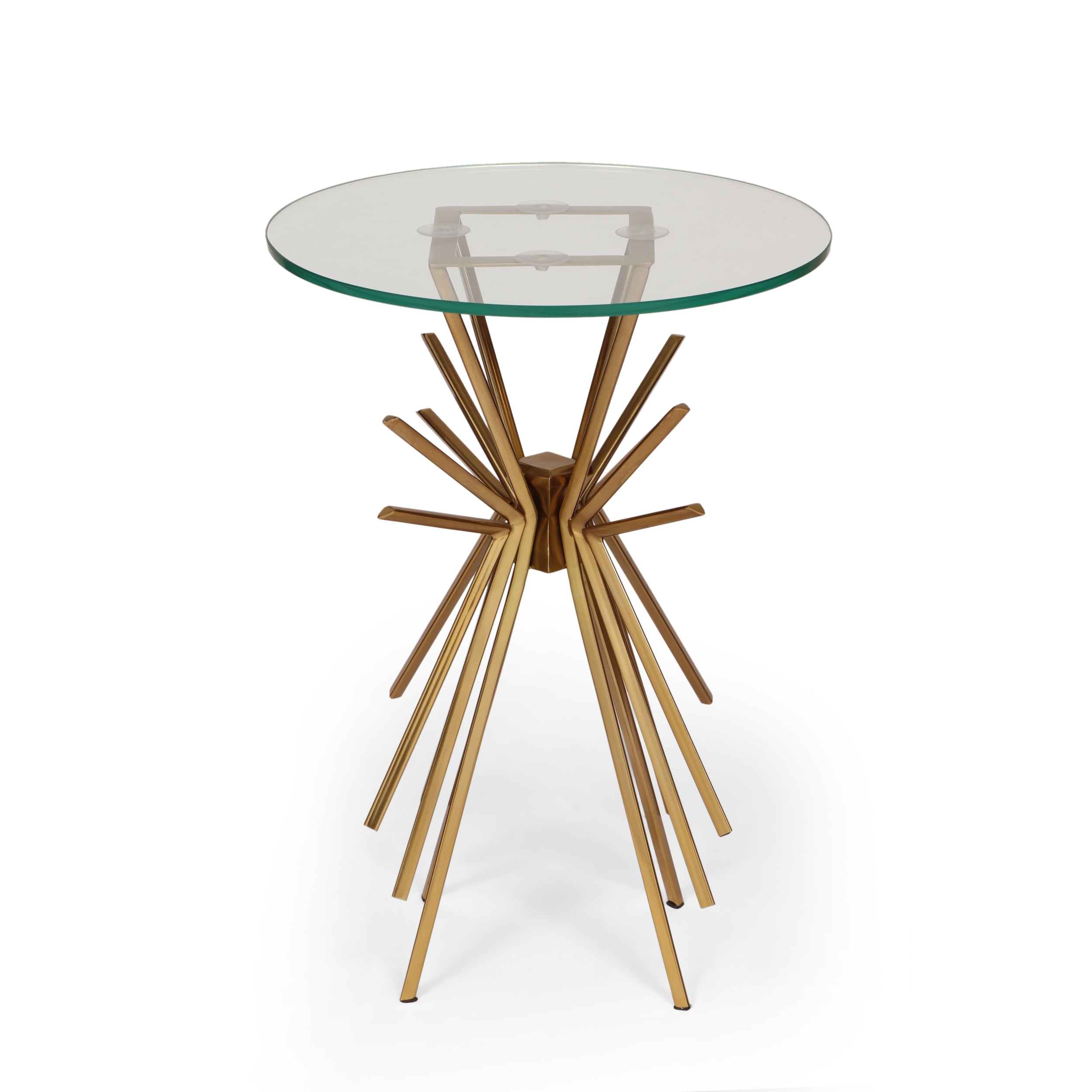 Noble House Aarav Modern Glam Handcrafted Sunburst Accent Table with Tempered Glass Top, Gold