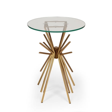 Noble House Aarav Modern Glam Handcrafted Sunburst Accent Table with Tempered Glass Top, Gold
